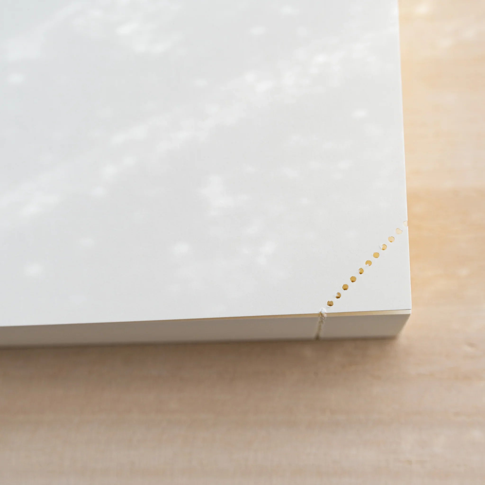 Close-up of Midori MD Notebook corner showing a diagonal row of gold dots and cream page-block edge