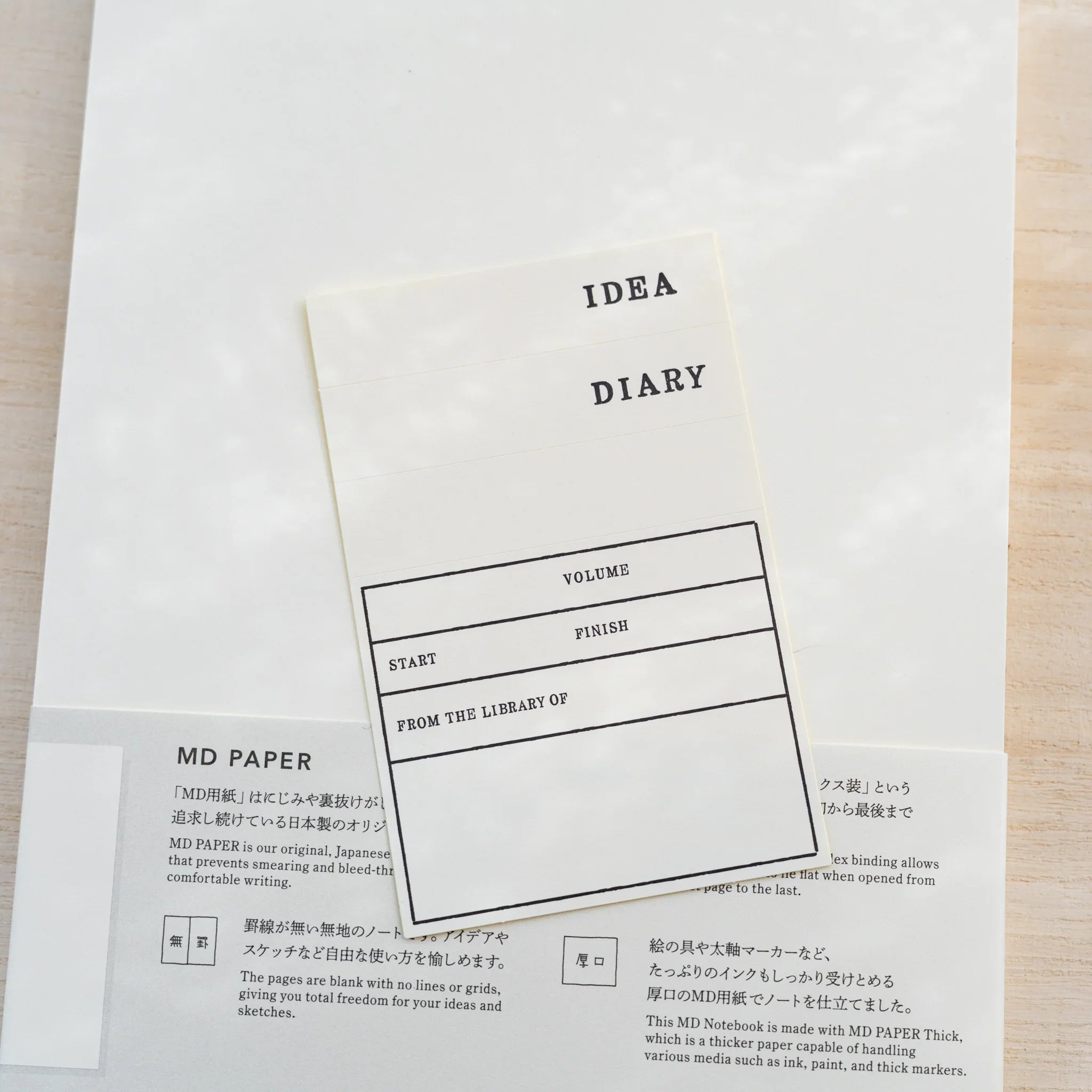 Included Midori MD Notebook sticker label sheet printed with IDEA, DIARY and a bookplate with Volume, Start, Finish fields