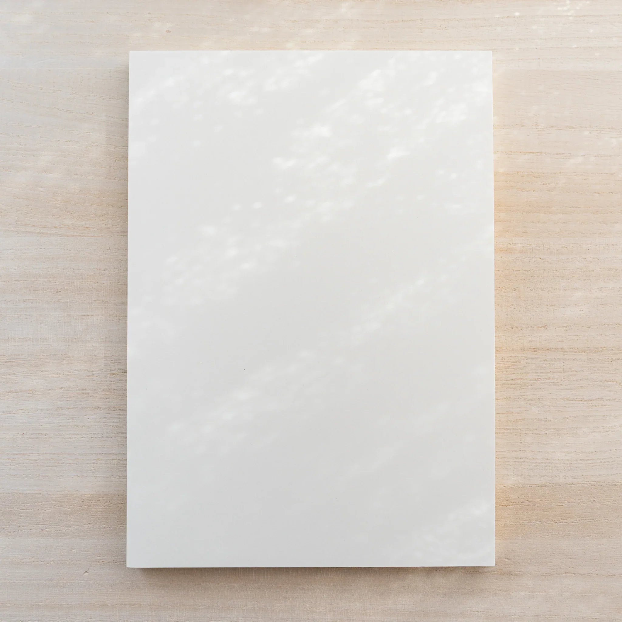 Midori MD Notebook Thick plain blank cream A5 cover with no belly band, on a light wood surface