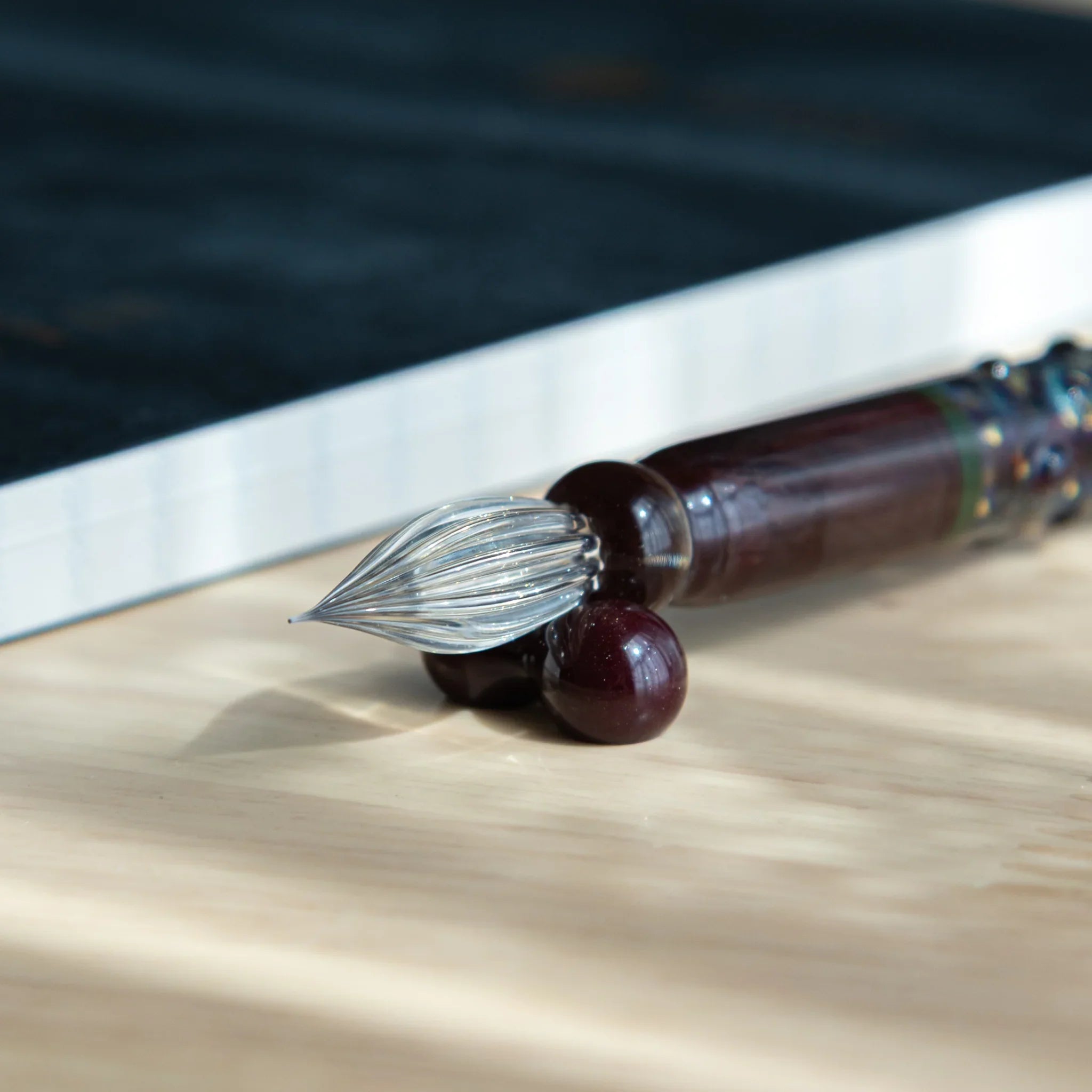 Pair of dark wooden spherical pen rests for Japanese mirror sphere glass dip pen with glass ornament