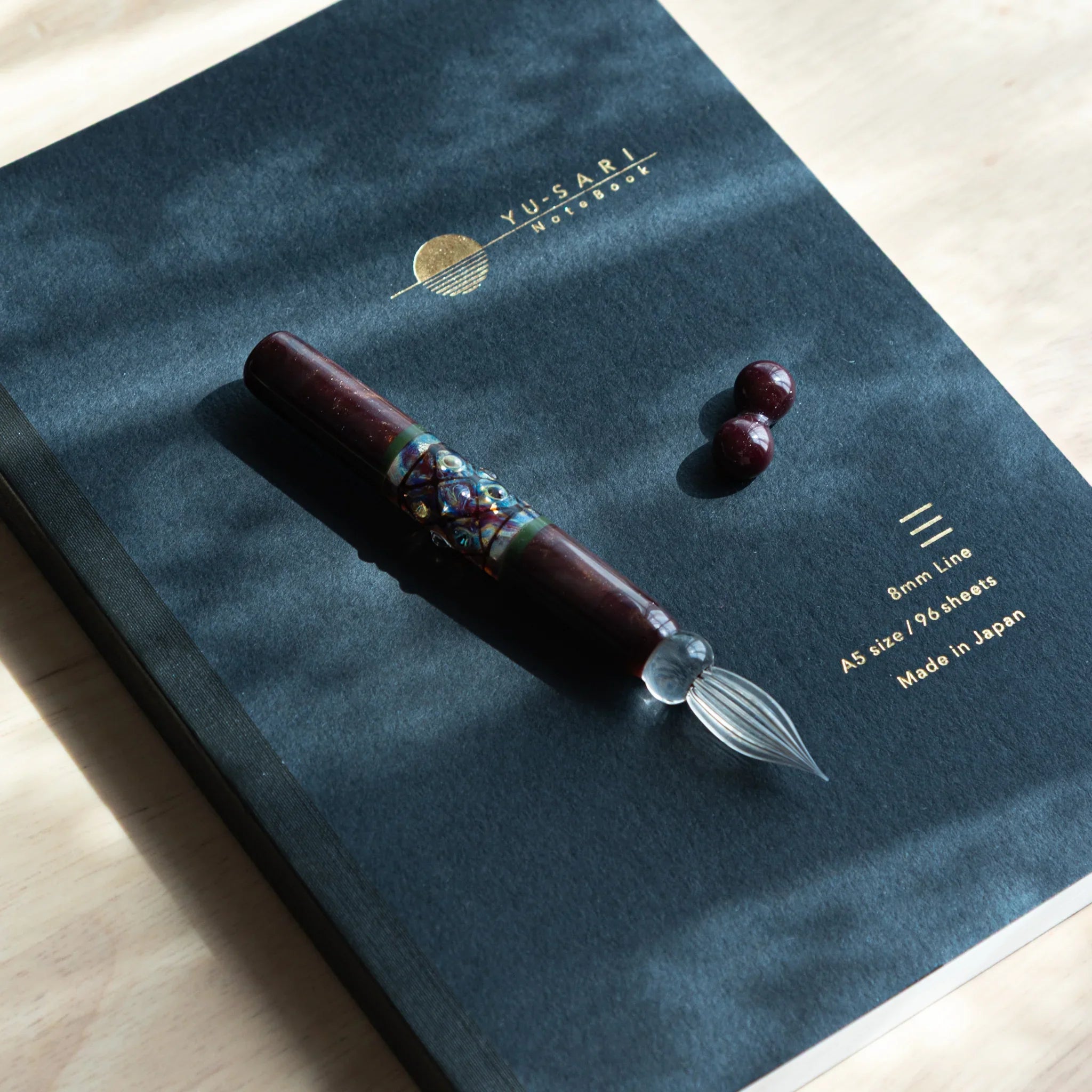Mirror sphere glass dip pen complete set with dark wooden handle and matching wooden pen rests included