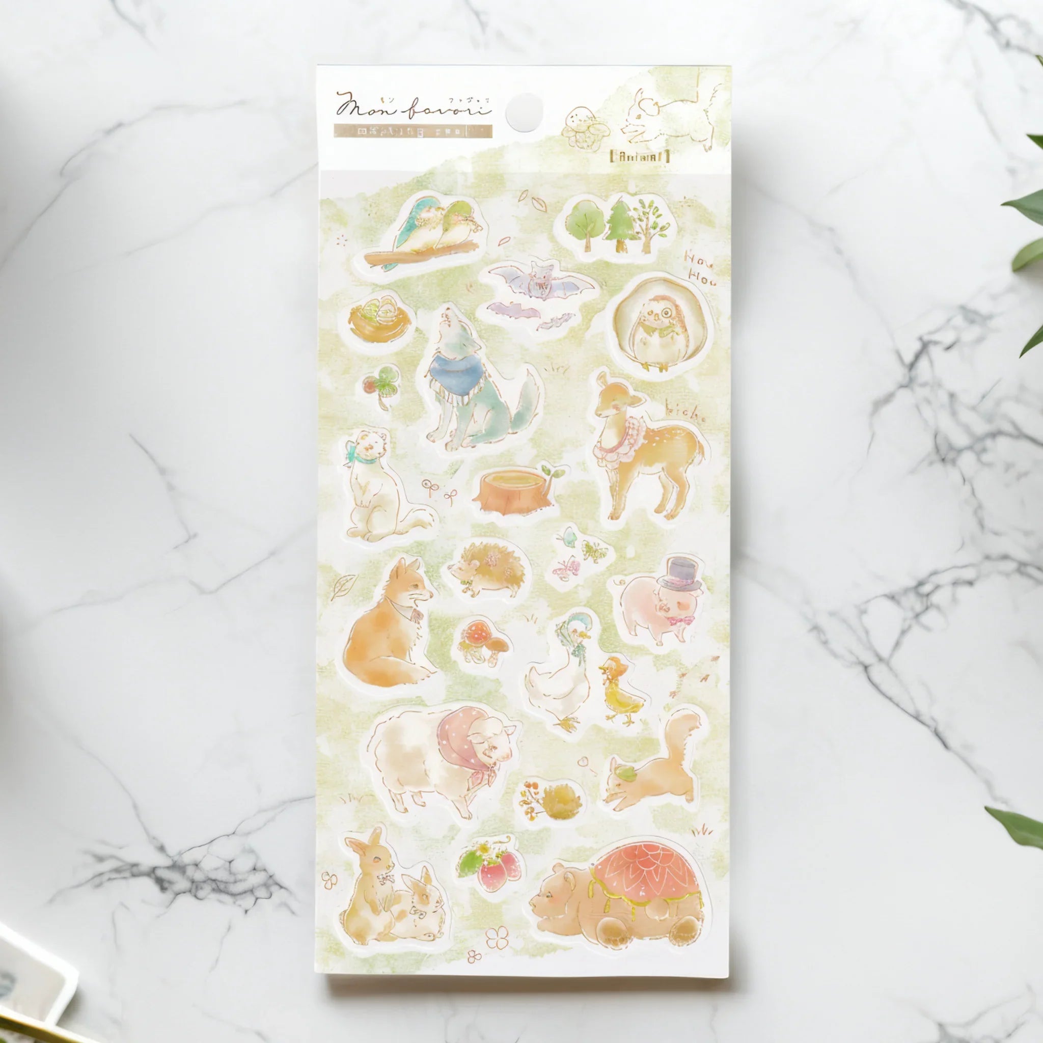 Japanese sticker sheet featuring Mon favori Series animal illustrations with cute creatures showing complete layout, design