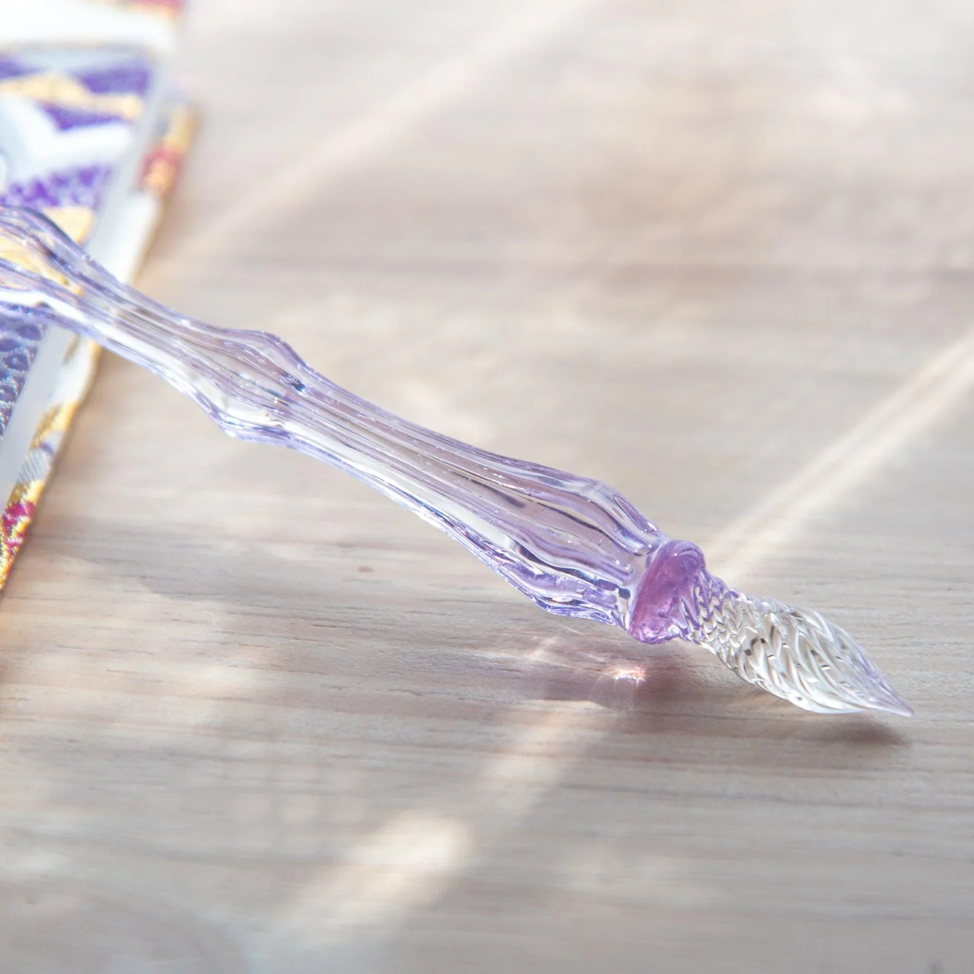 Japanese glass dip pen white cloud charm topper with purple iridescent barrel and moon crescent accent