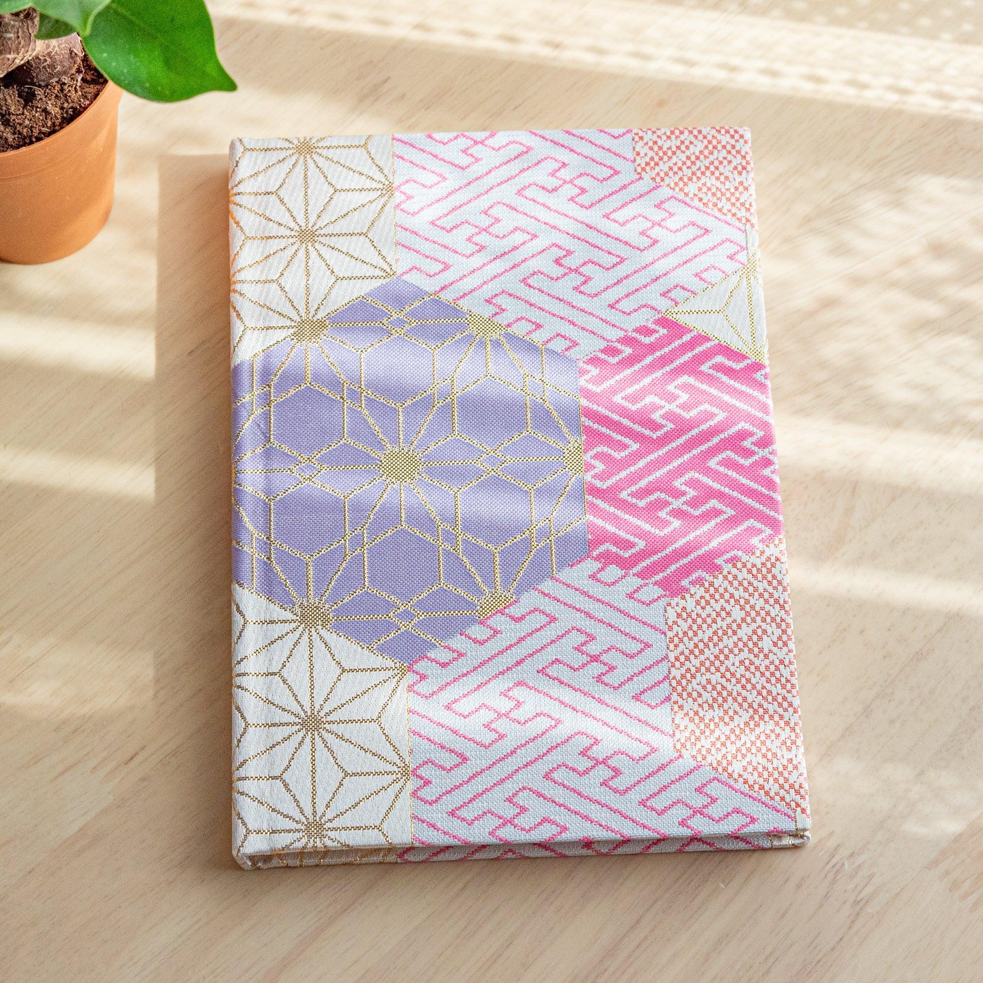 Nishijin textile B6 notebook with traditional brocade Auspicious Gathered Crests cover design with binding