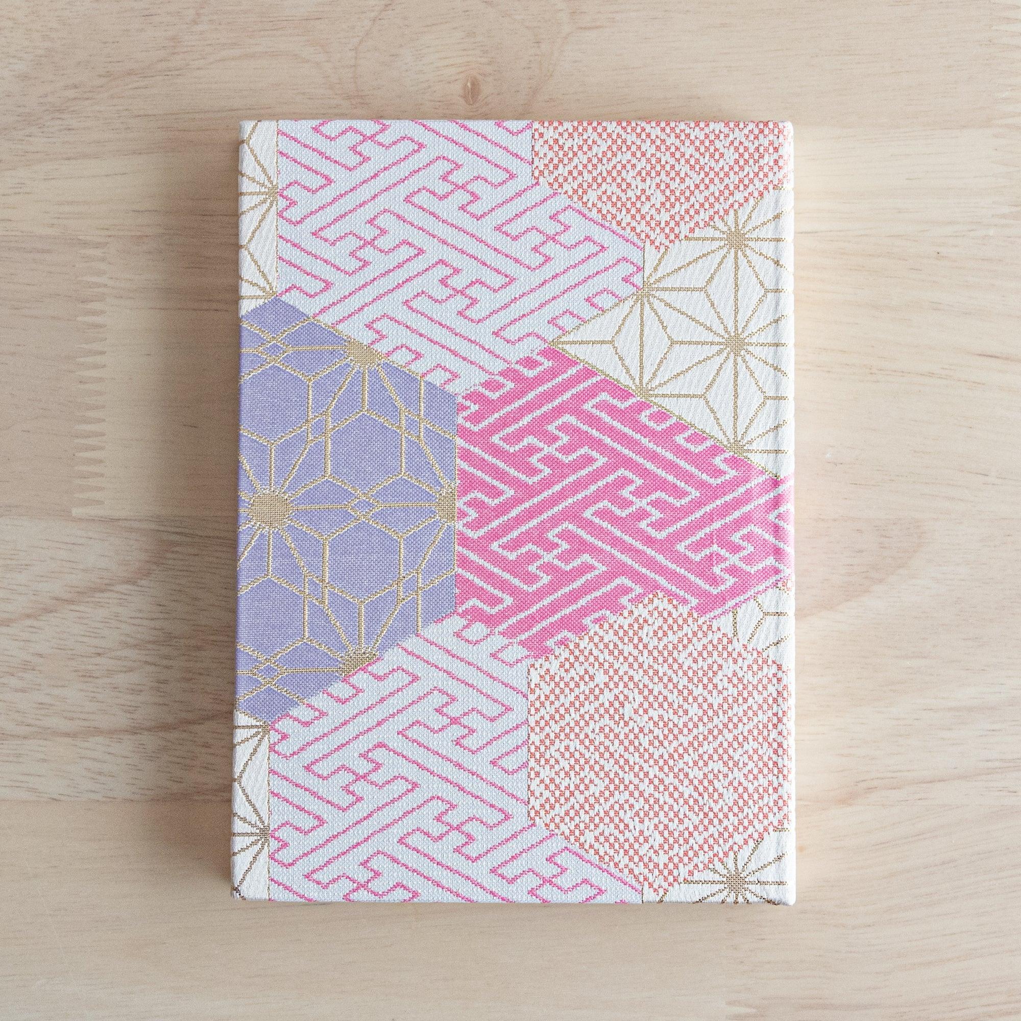 Nishijin textile B6 notebook, corner detail of traditional Japanese brocade weaving craft detail with binding