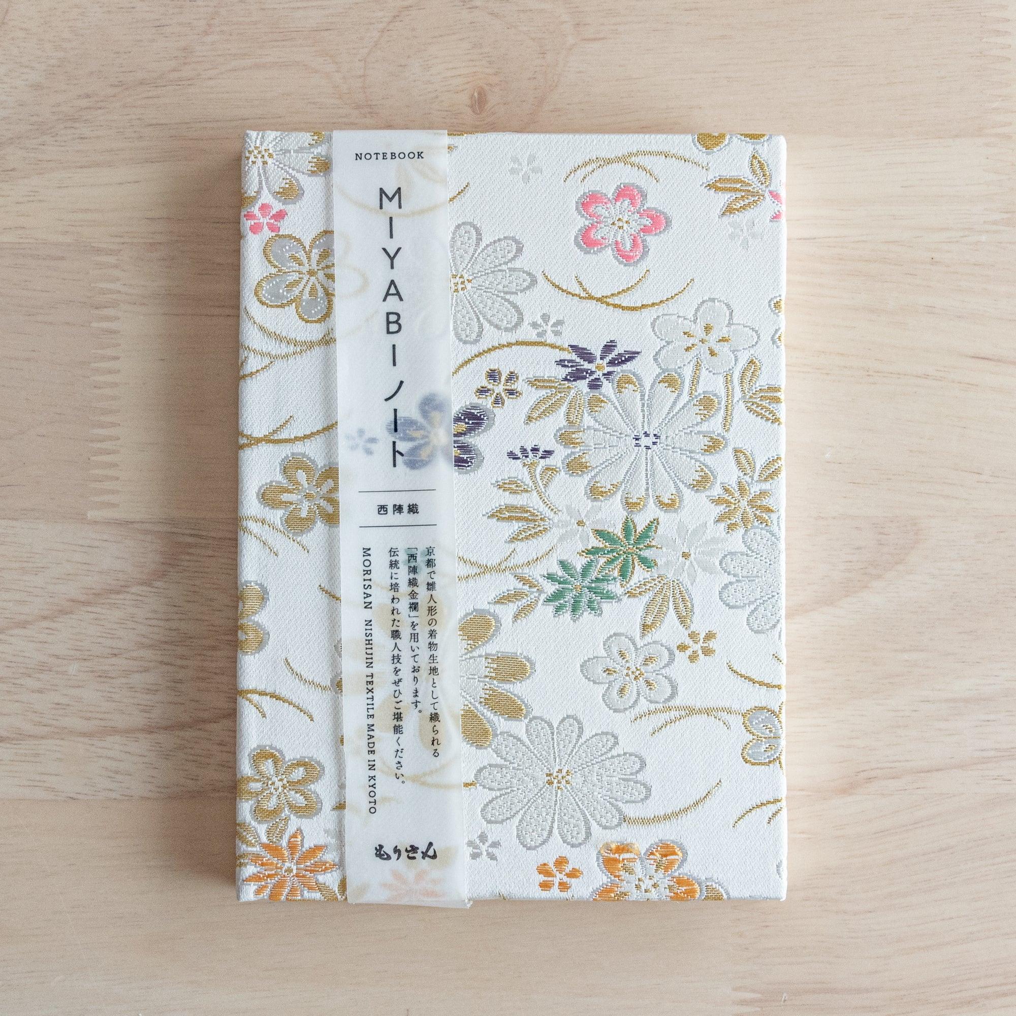 Nishijin textile B6 notebook, flat lay showing traditional Elegant Floral Weave brocade design with binding