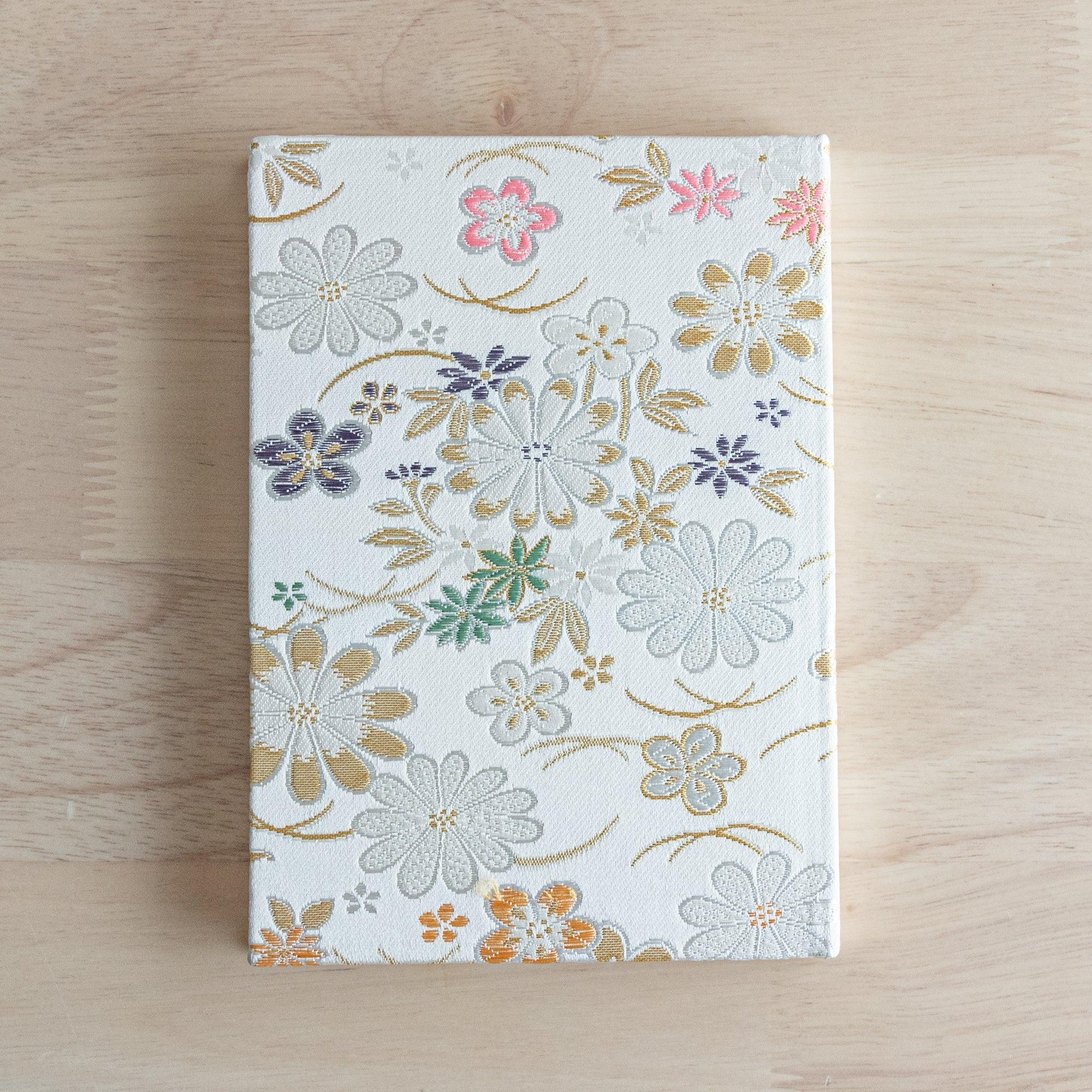 Nishijin Floral Weave B6 journal, back cover of traditional textile brocade construction with binding