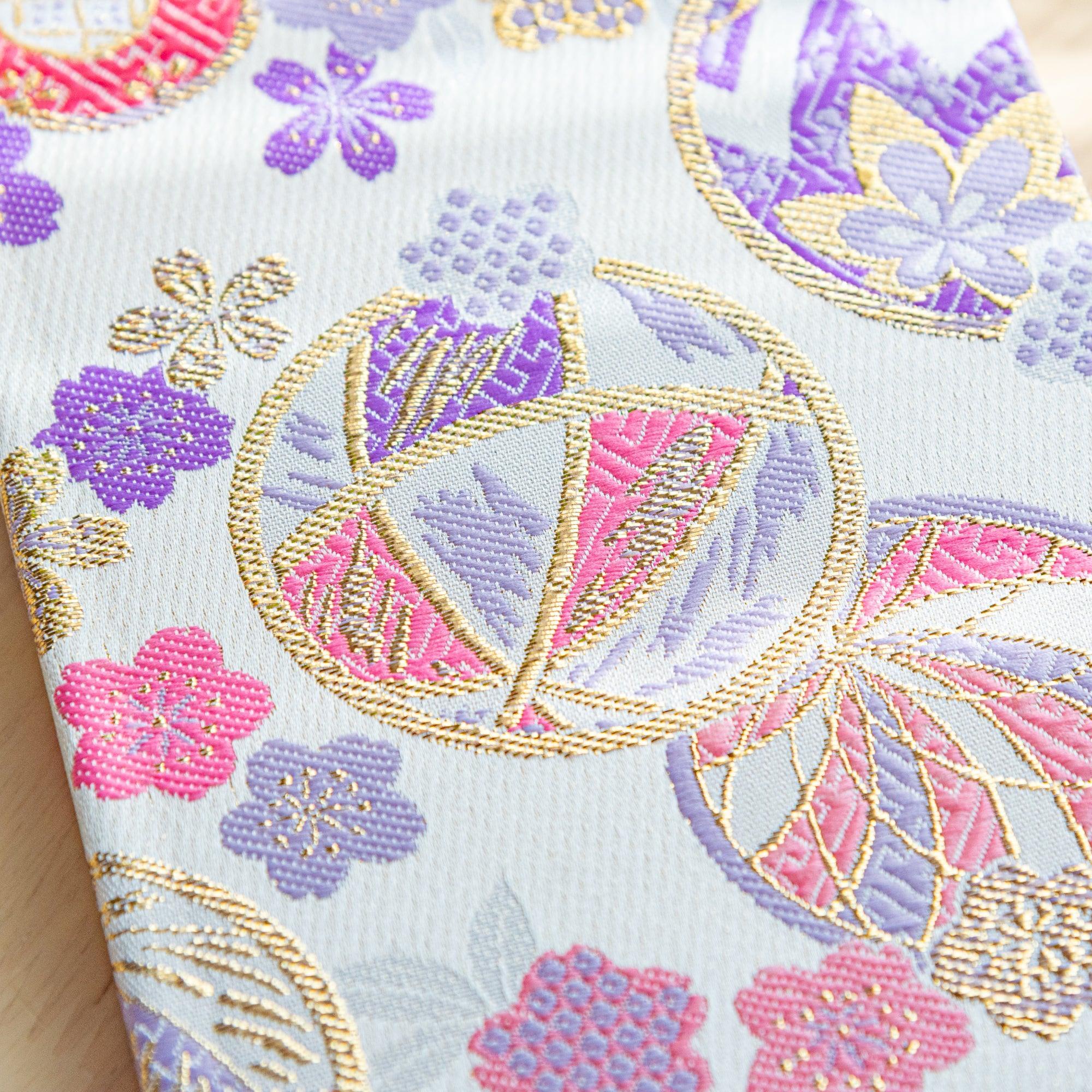 Nishijin Sarkuta Temari B6 journal, spine with gold embossing on traditional textile craft with binding