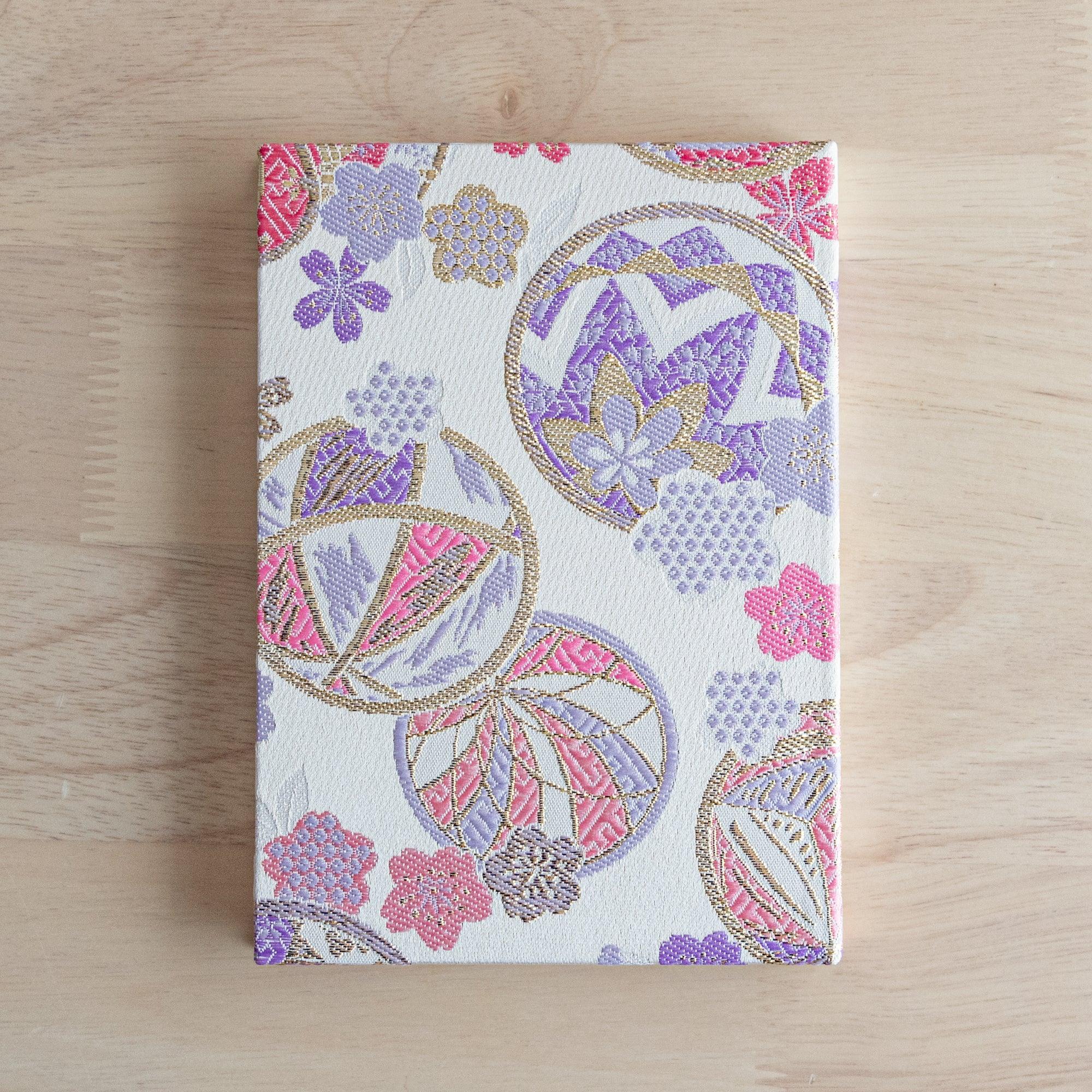 Nishijin Sarkuta Temari B6 journal, back cover textile construction with craft visible detail with binding
