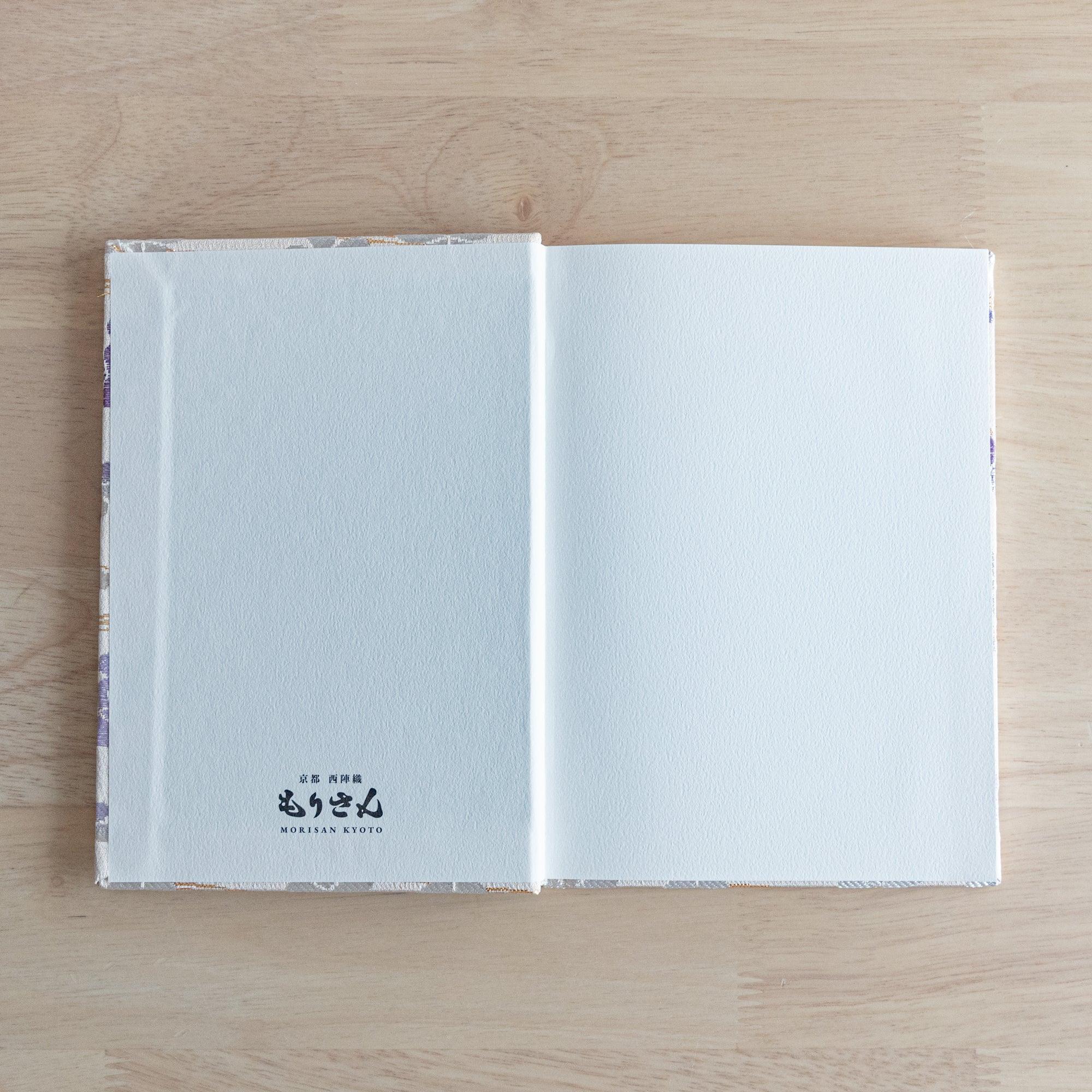 Nishijin textile B6 journal, fully opened showing quality paper and sakura brocade textile with binding