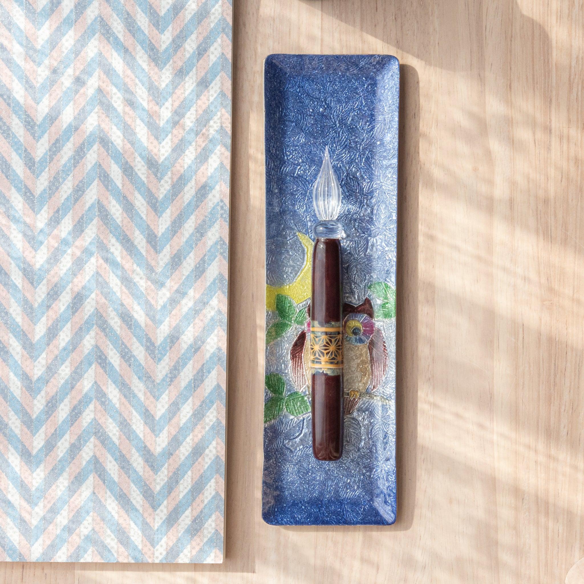 Slim shippo ware pen tray decorated with owl motif in colorful cloisonne enamel technique and bird design style