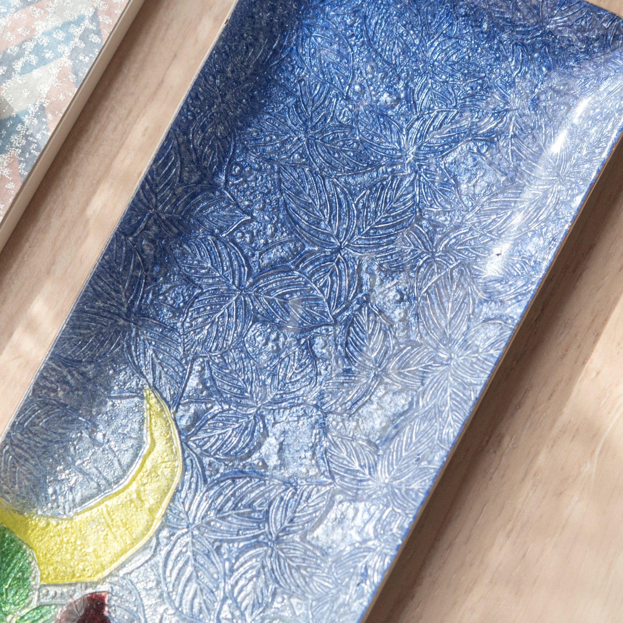 Slim shippo ware pen tray with Japanese owl design in colorful cloisonne enamel decorative technique and style