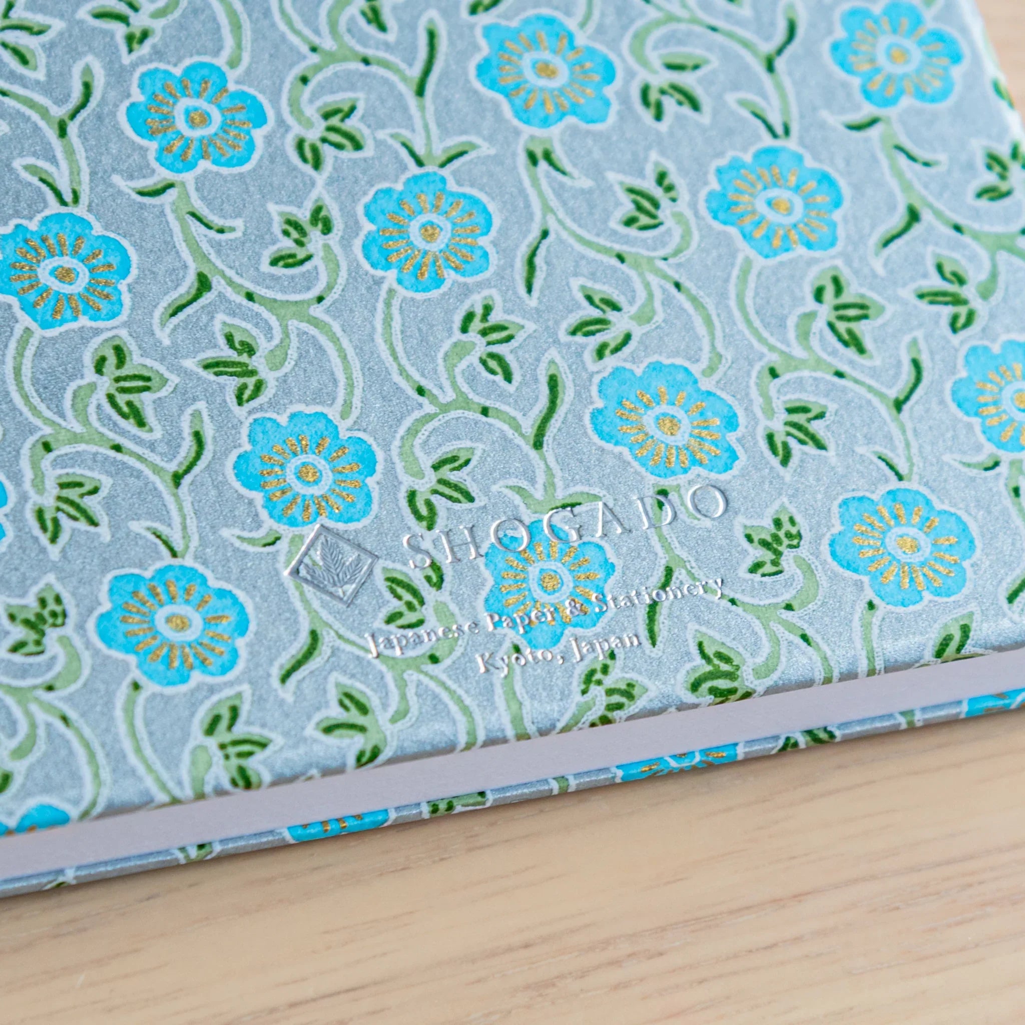 Pastel Blue Flower Washi Goshuincho Stamp Book close-up of cyan and green botanical pattern detailing