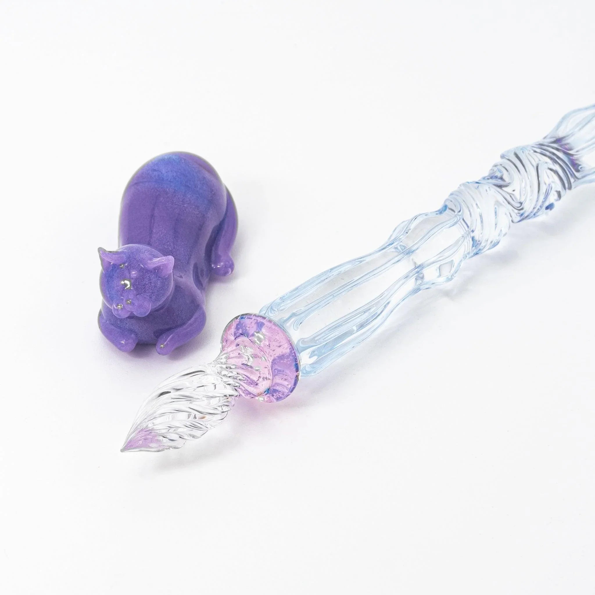 Pastel Purple Cat Glass Dip Pen displaying the nib and decorative cat motif prominently on barrel surface shine