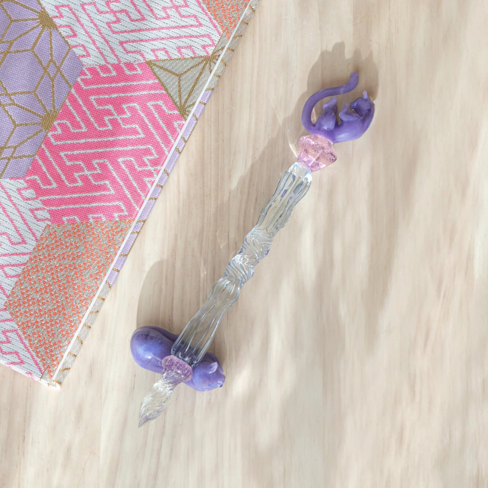 Close-up of Pastel Purple Cat Glass Dip Pen barrel displaying cylindrical shape with rounded cat ear-shaped top
