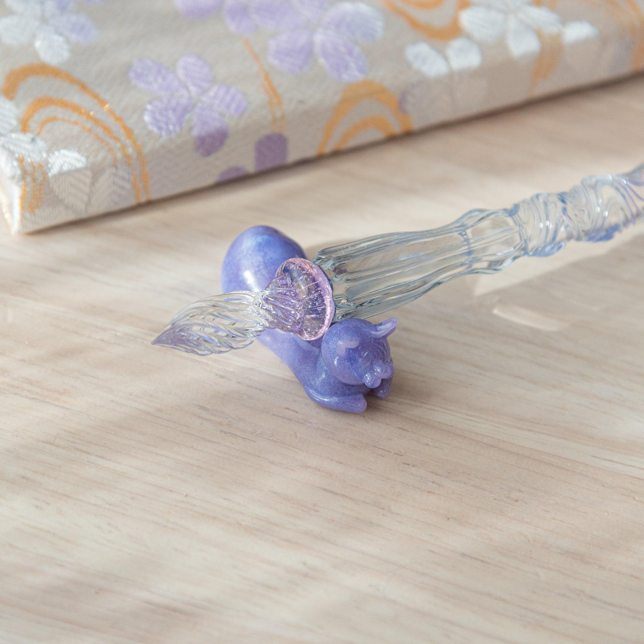 Pastel Purple Cat Glass Dip Pen complete product set with matching ceramic pen rest showing full collection packaging