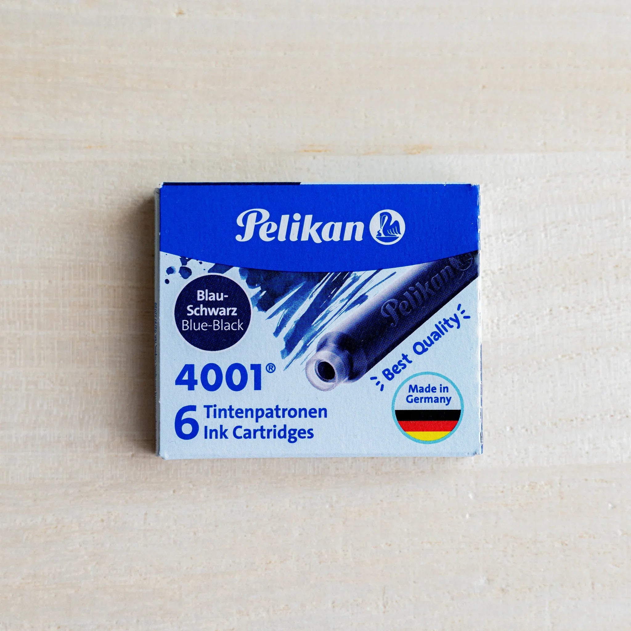 Pelikan 4001 Blue-Black fountain pen ink cartridge box, blue and white pack, 6 cartridges, Made in Germany