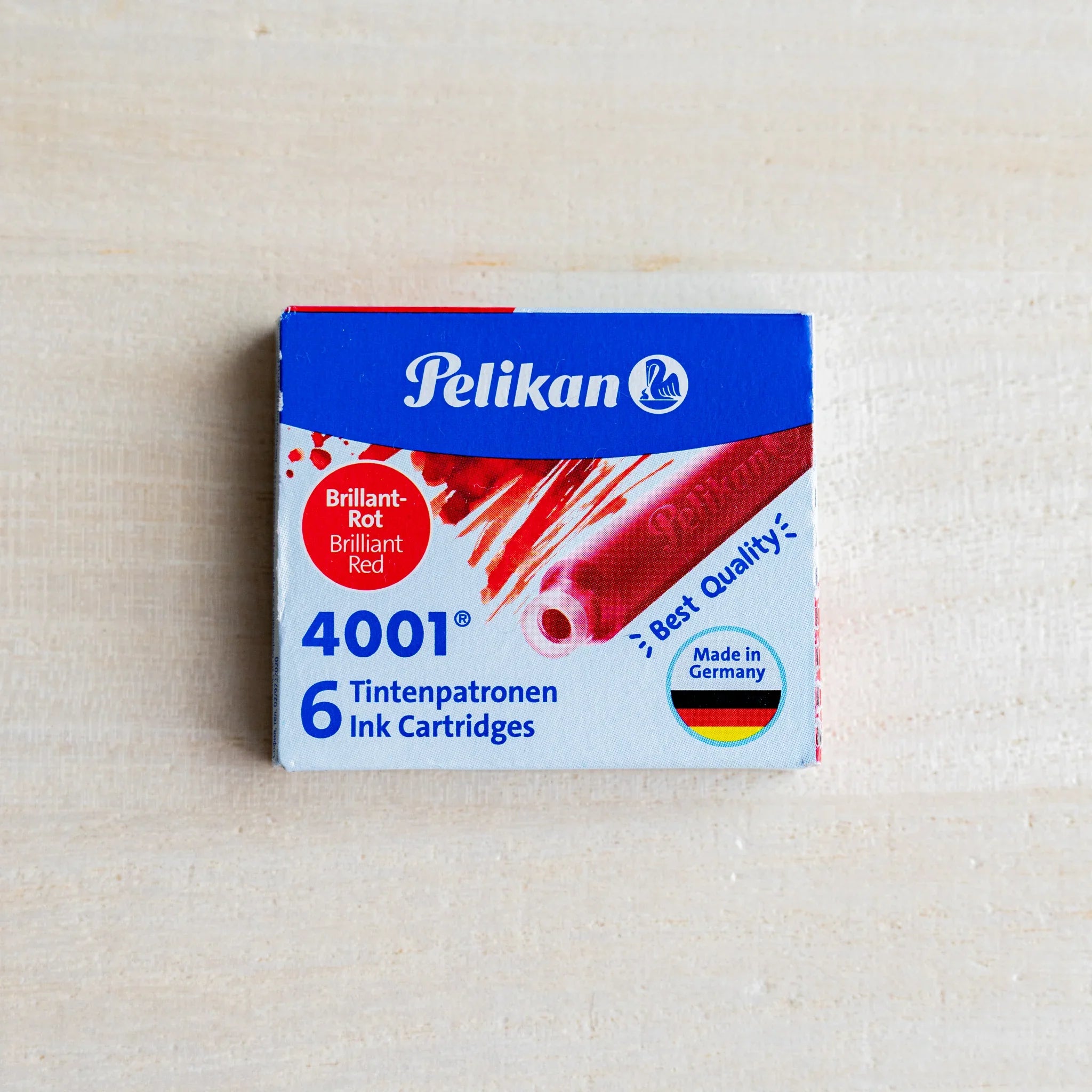 Pelikan 4001 Brilliant Red fountain pen ink cartridge box, blue and white pack, 6 cartridges, Made in Germany