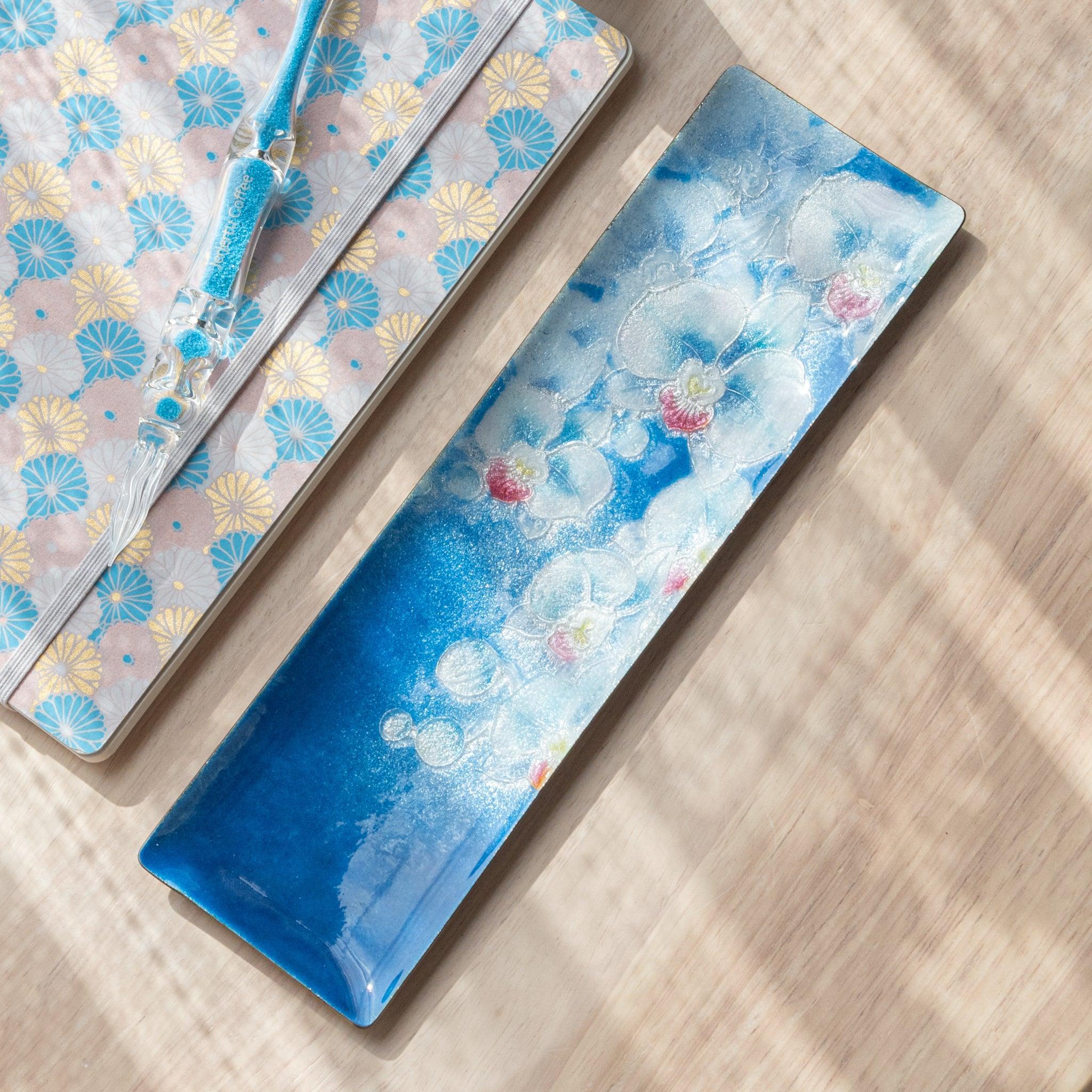 Medium shippo ware pen tray with phalaenopsis orchid in pink, gold and blue cloisonne enamel traditional decoration