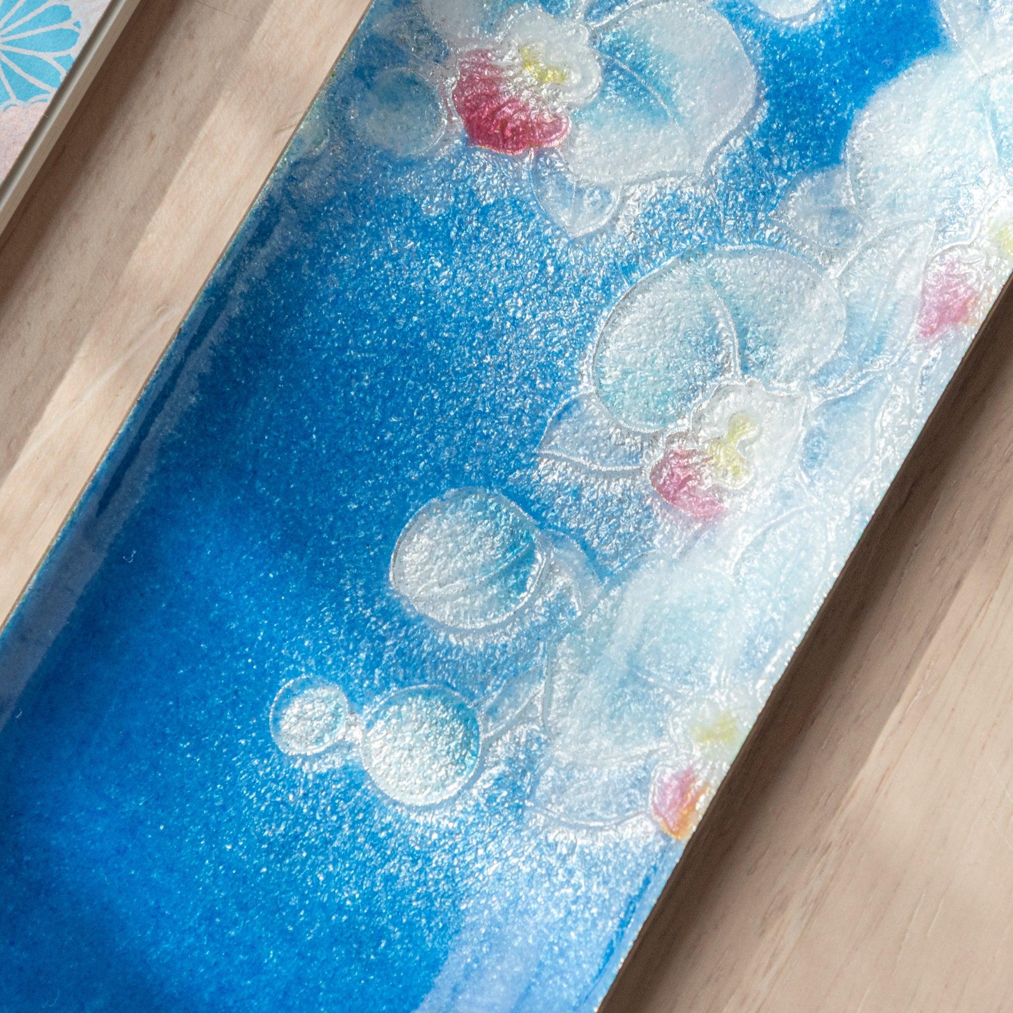 Rectangular medium shippo pen tray with phalaenopsis orchid design in traditional Japanese cloisonne ware shown