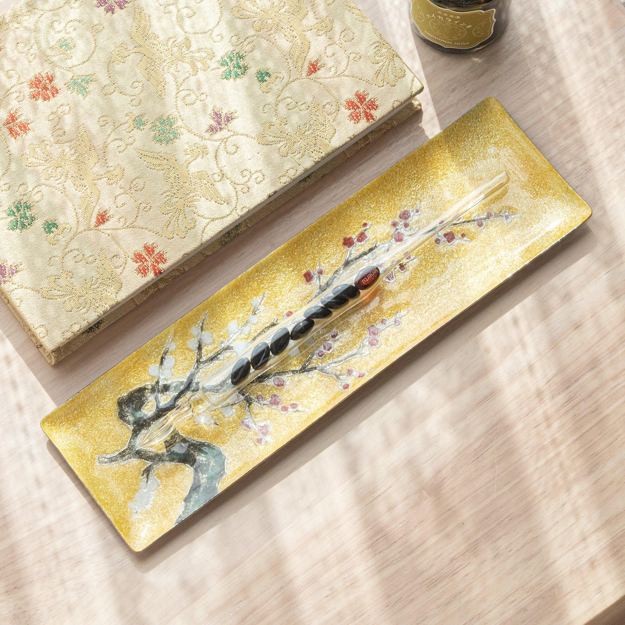 Plum Shippo Ware Medium Pen Tray with traditional Japanese cloisonné enamel design of pink plums on golden background