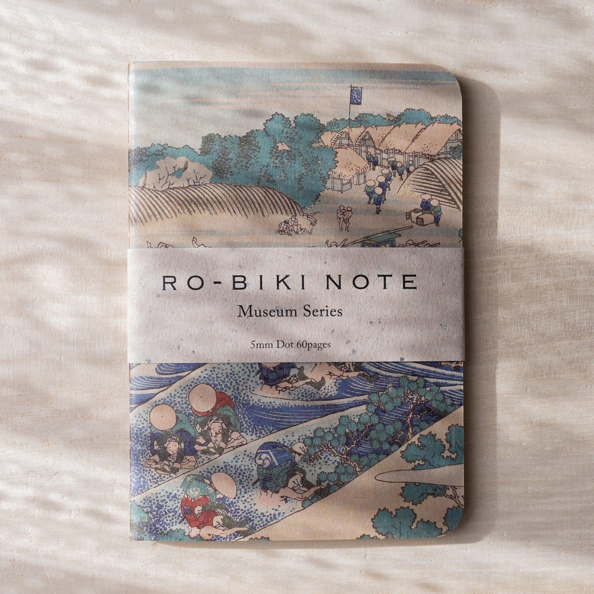 RO-BIKI NOTE Museum Series notebook with Tokaido ukiyo-e woodblock print cover, paper belly band visible