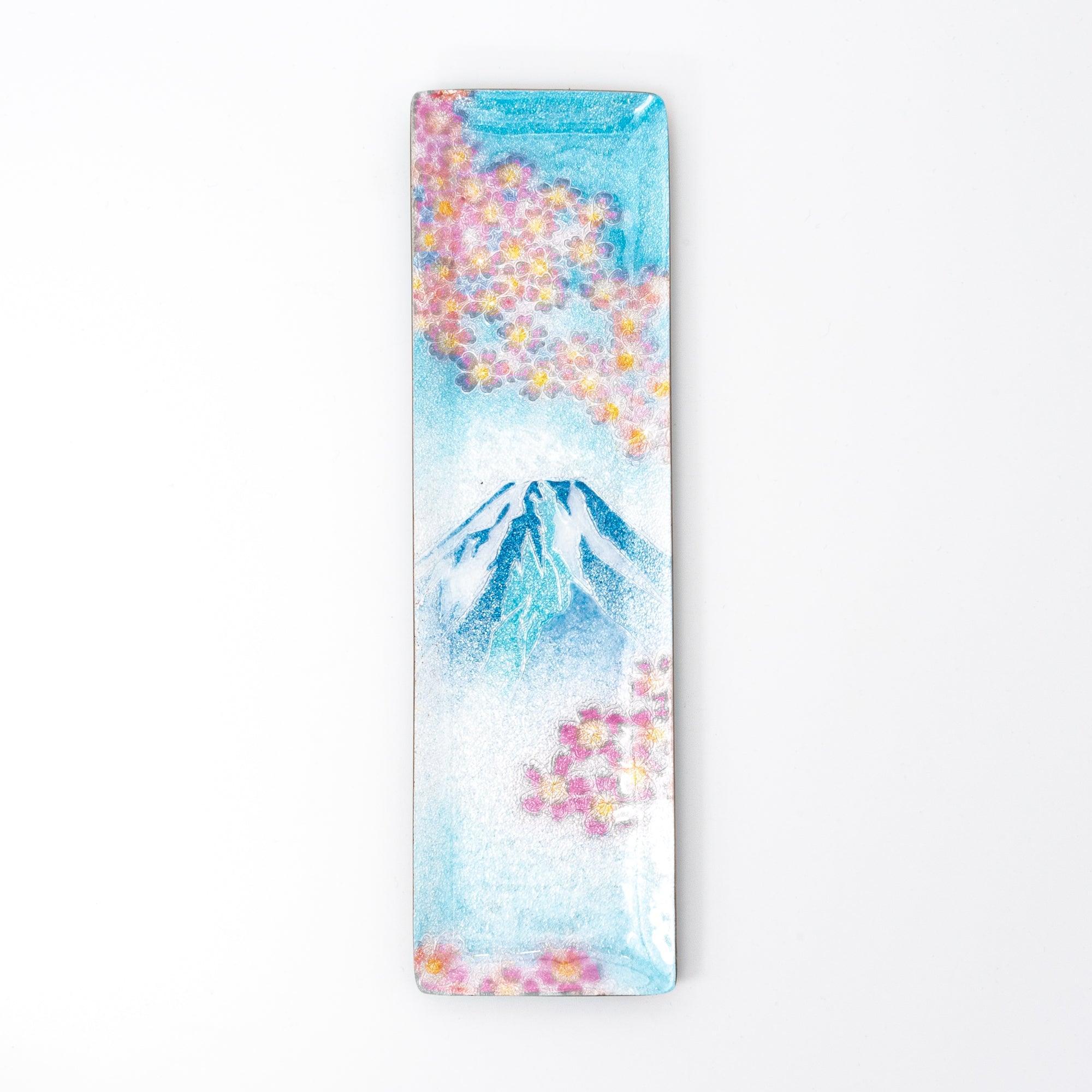 Sakura and Fuji shippo ware slim pen tray front view showing Mt. Fuji snow cap with pink sakura blossoms on blue enamel