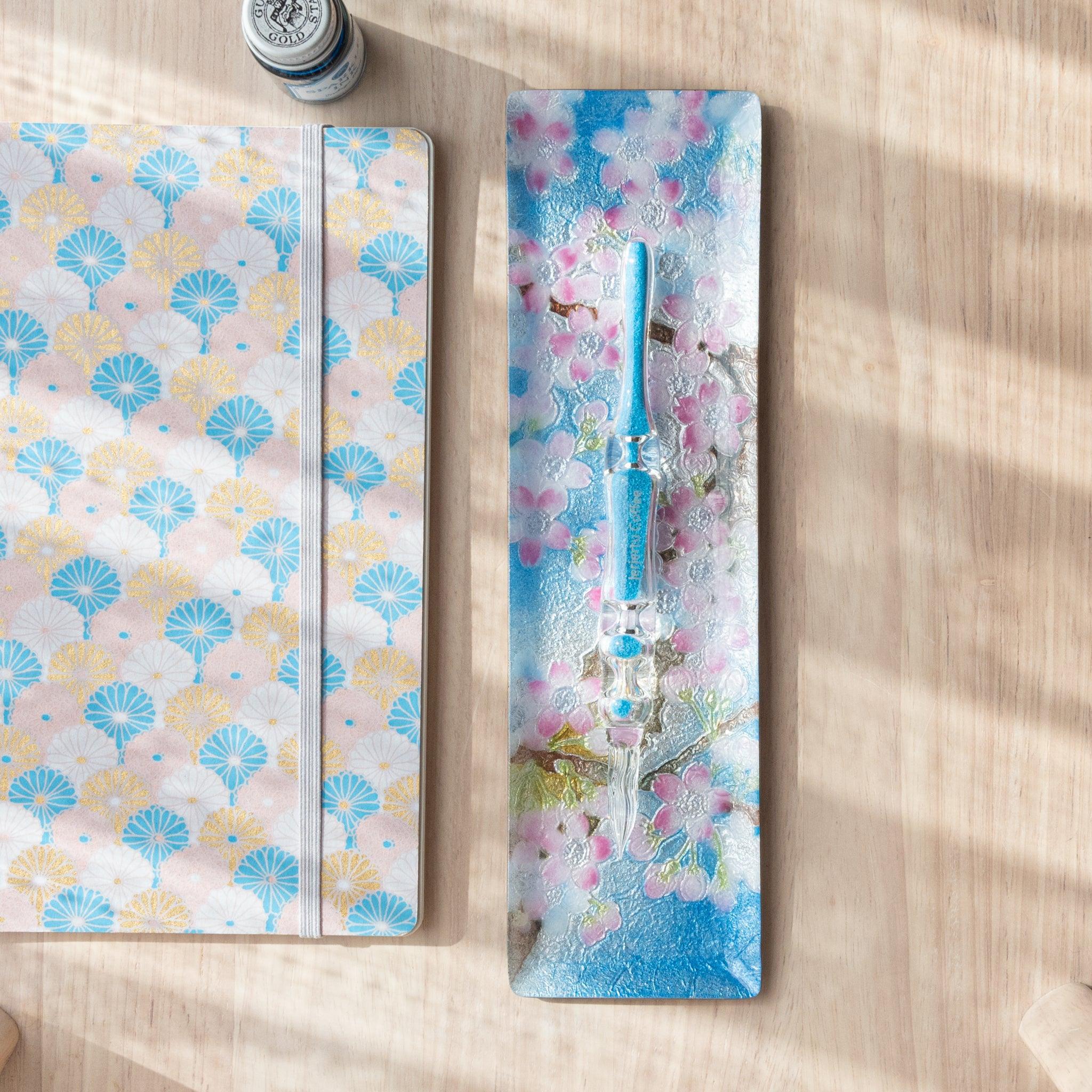 Sakura Shippo Ware Medium Pen Tray featuring detailed enamel work showing sakura cherry flowers on warm golden brass