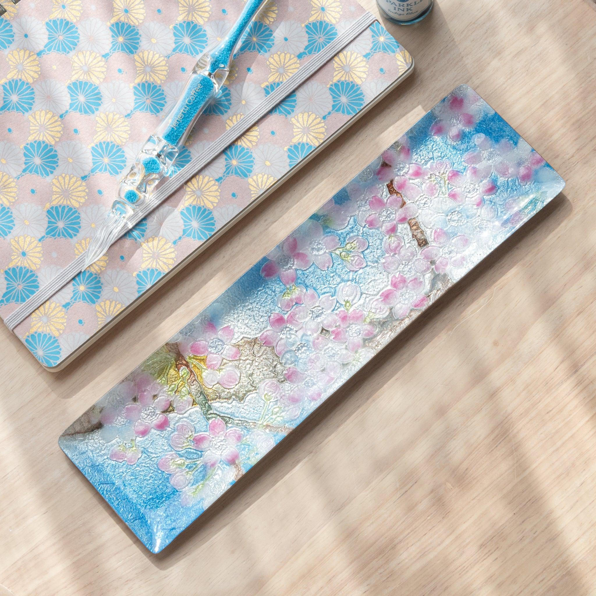 Sakura Shippo Ware Medium Pen Tray with cherry blossom motif in enamel cloisonné on rectangular gold-toned brass