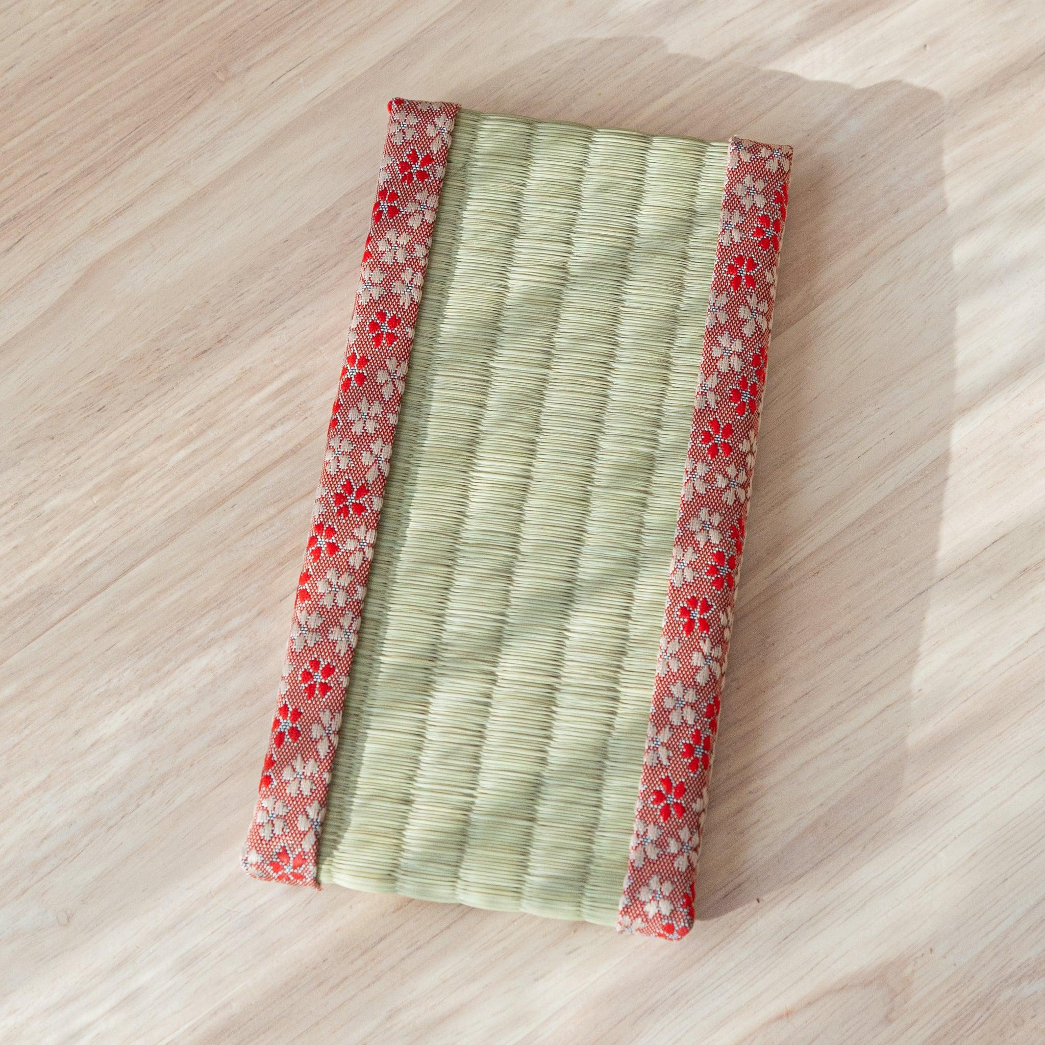 Sakura tatami pen tray angled view showing pink and white cherry blossoms on natural tatami mat Japanese organizer