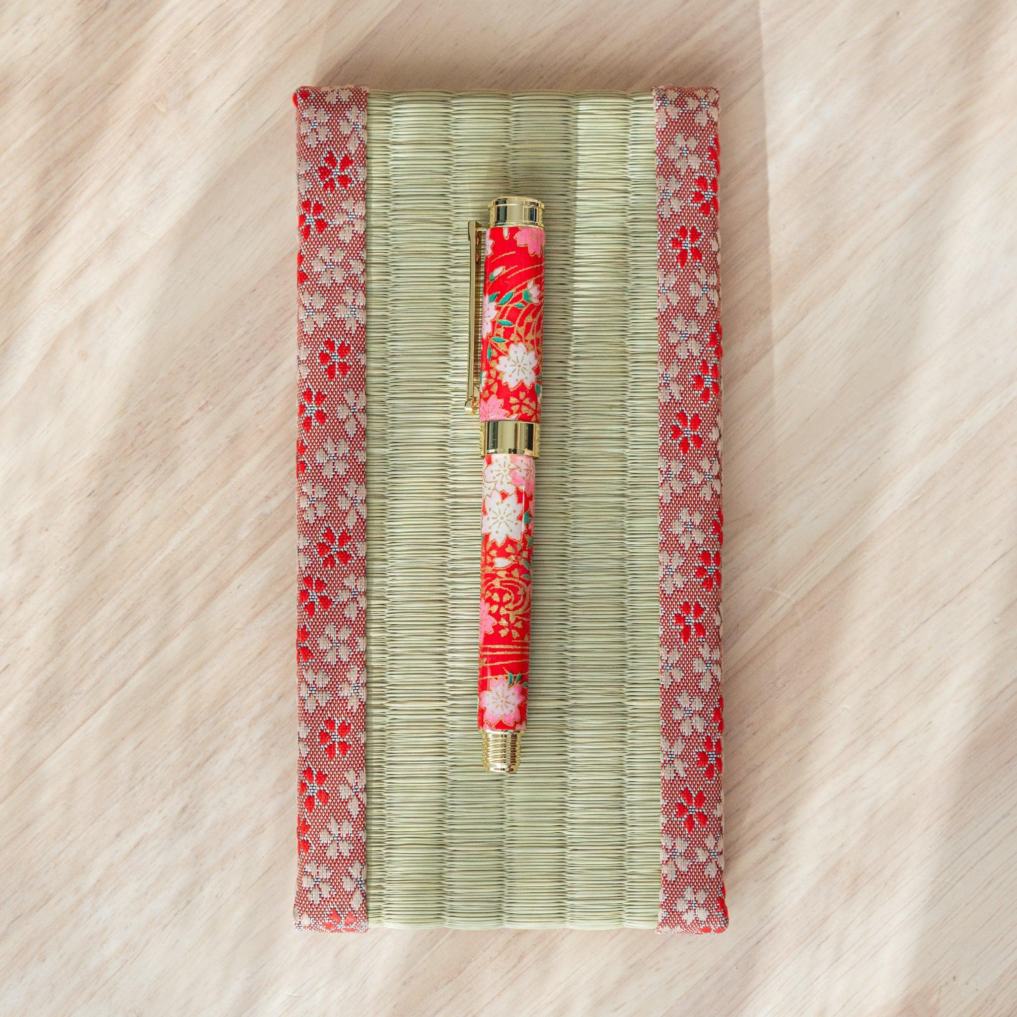 Sakura tatami pen tray side angle with natural tatami weave and sakura cherry design, traditional Japanese stationery