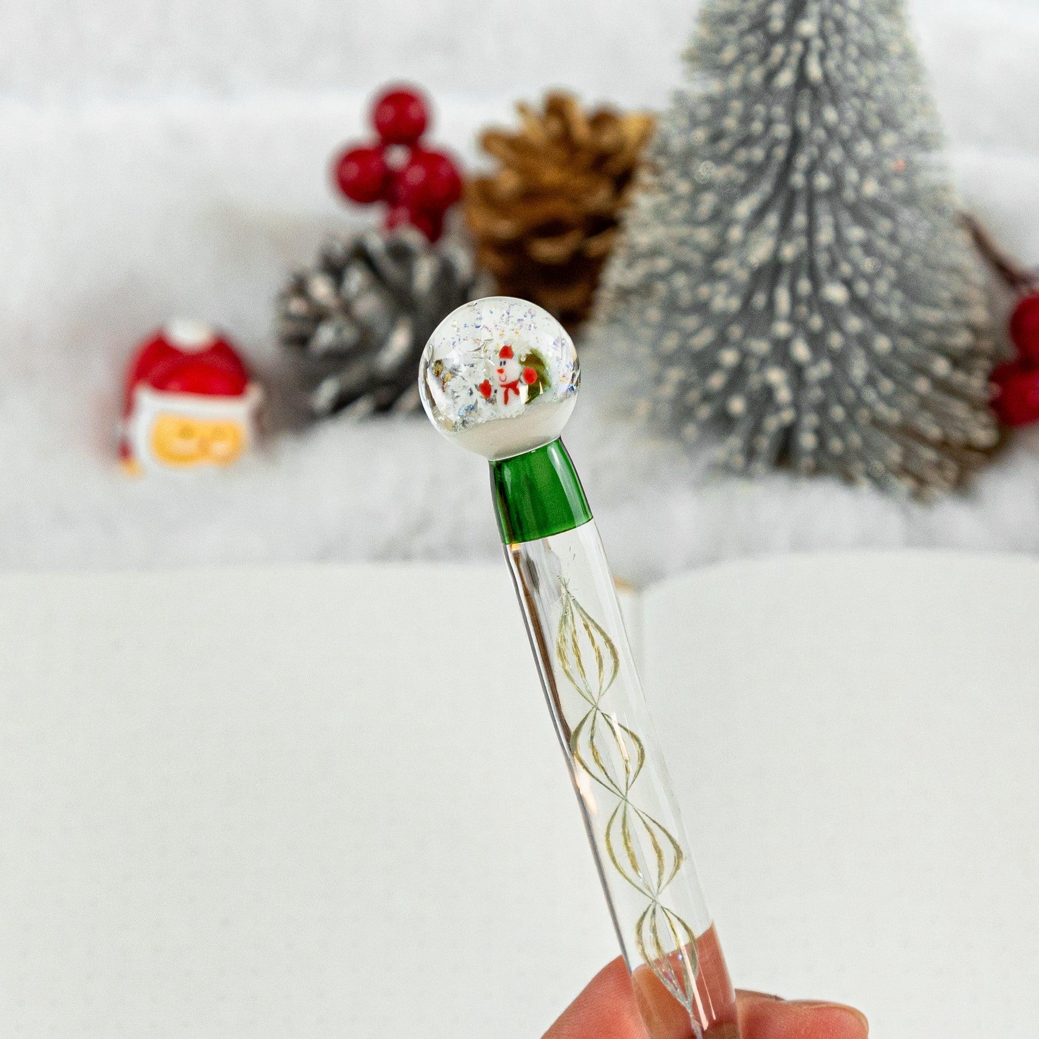 Snow Globe glass dip pen with shimmering white snow effect in transparent glass barrel decorative display shine