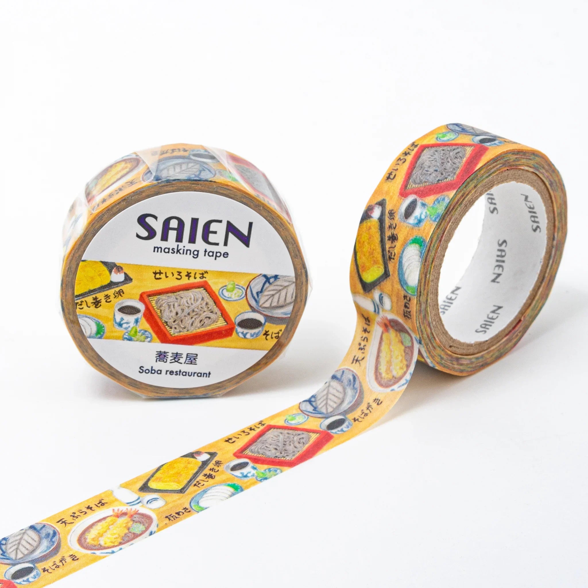 Soba Iyo Washi Tape on roll with noodle designs in red rectangular frames on yellow background showing patterns