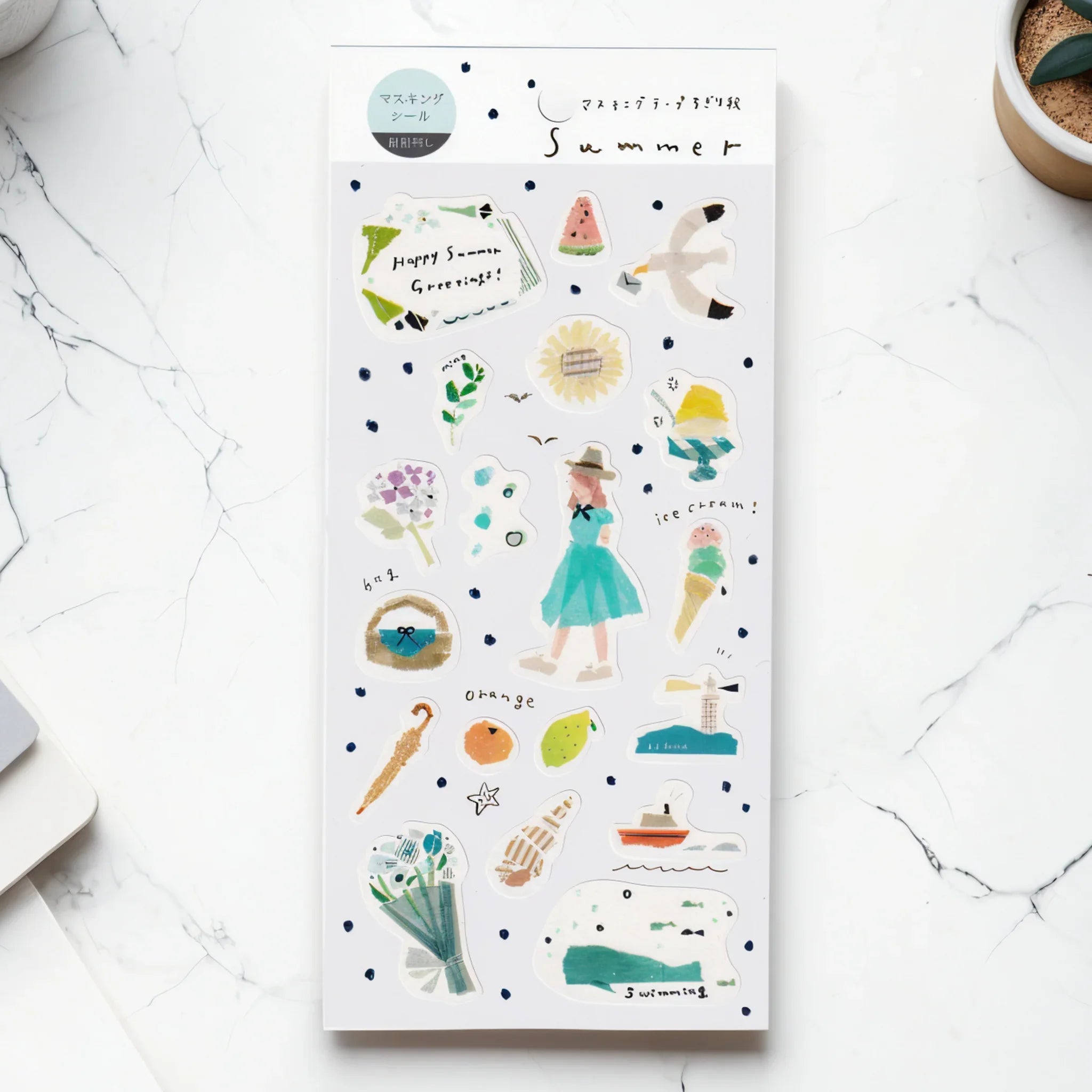 Japanese sticker sheet with summer celebration designs including festive seasonal elements on light background
