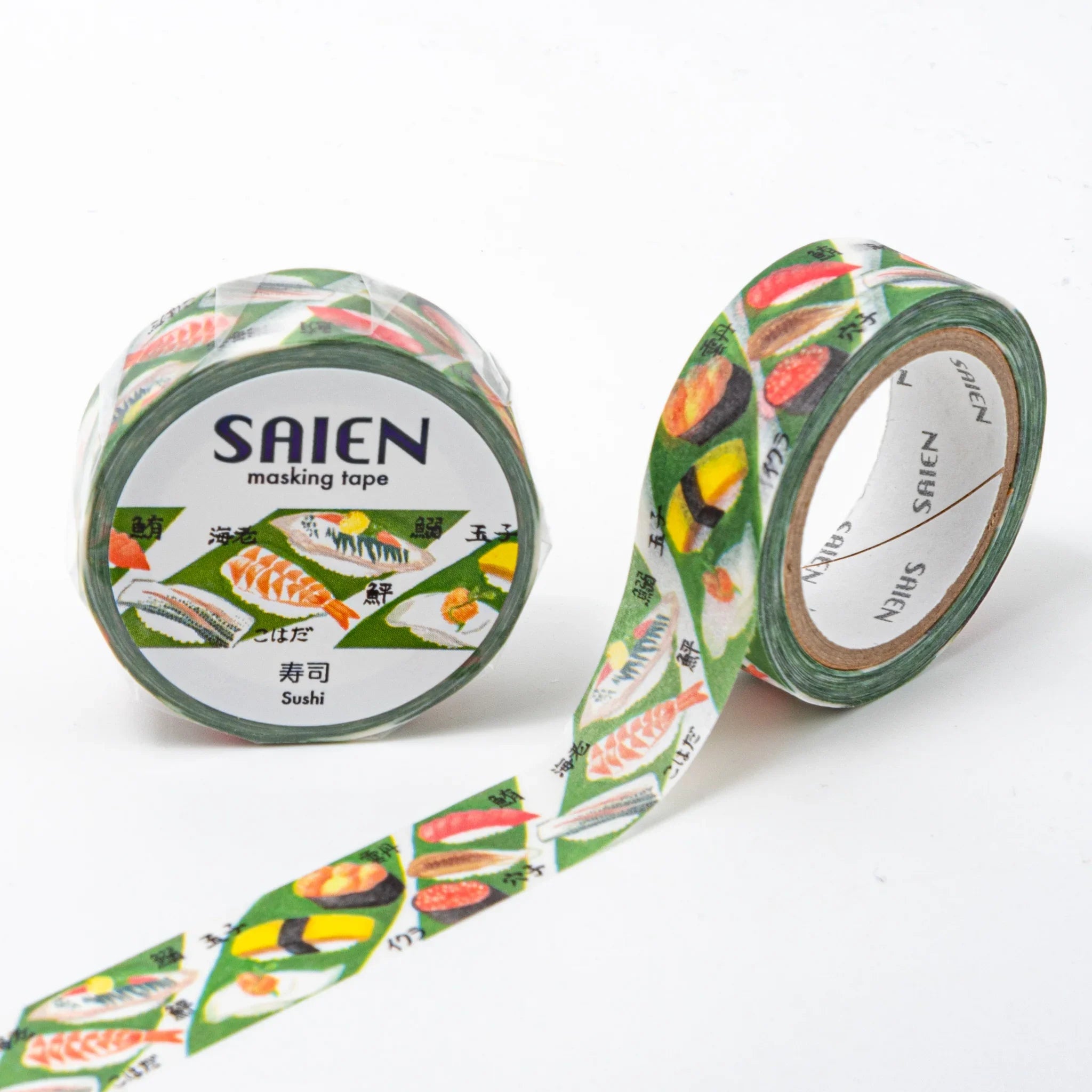 Sushi Iyo Washi Tape on roll featuring colorful nigiri sushi and rice roll designs with detailed fish illustrations