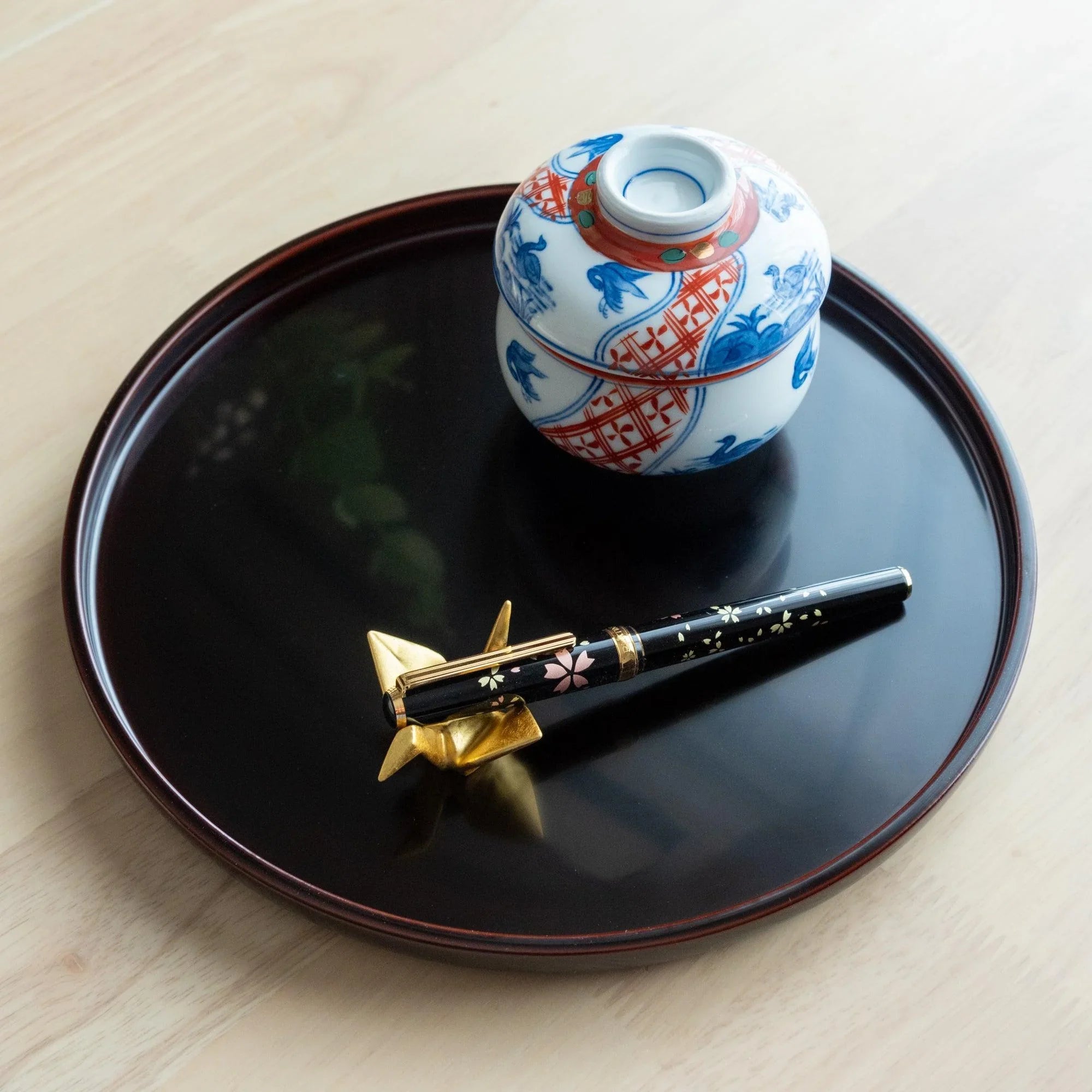 Tame-Nuri black Echizen lacquer tray features traditional hand-rubbed finish and aged patina, refined for organizing writi