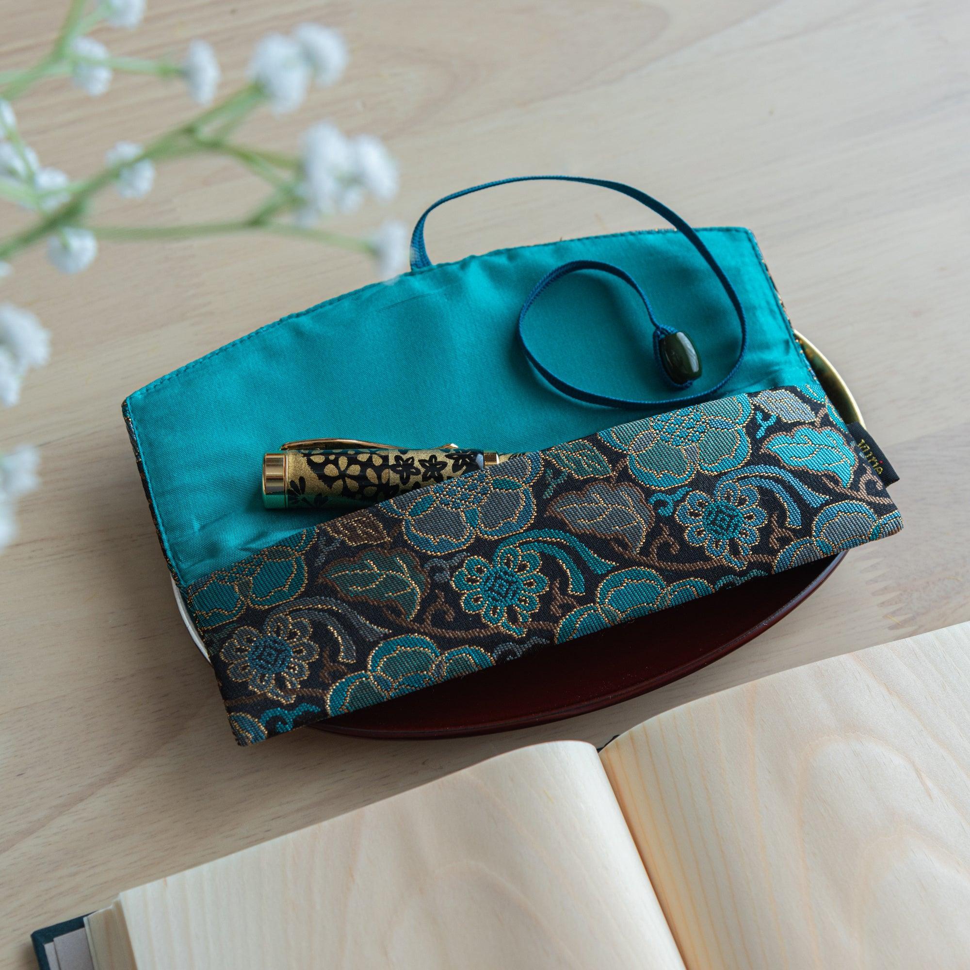 Teal Blossom Nishijin Silk Fountain Pen Case - yurie, lifestyle arrangement showing use providing full visual representation 