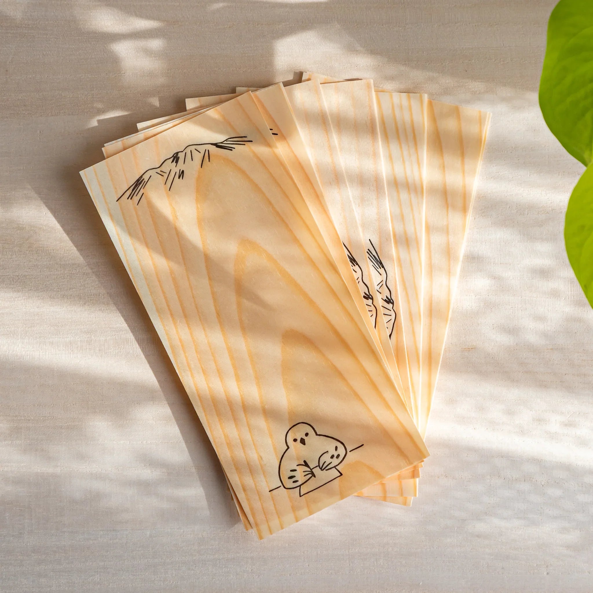 Japanese thin wood message cards fanned out on light desk with soft curtain shadows and a green leaf beside it