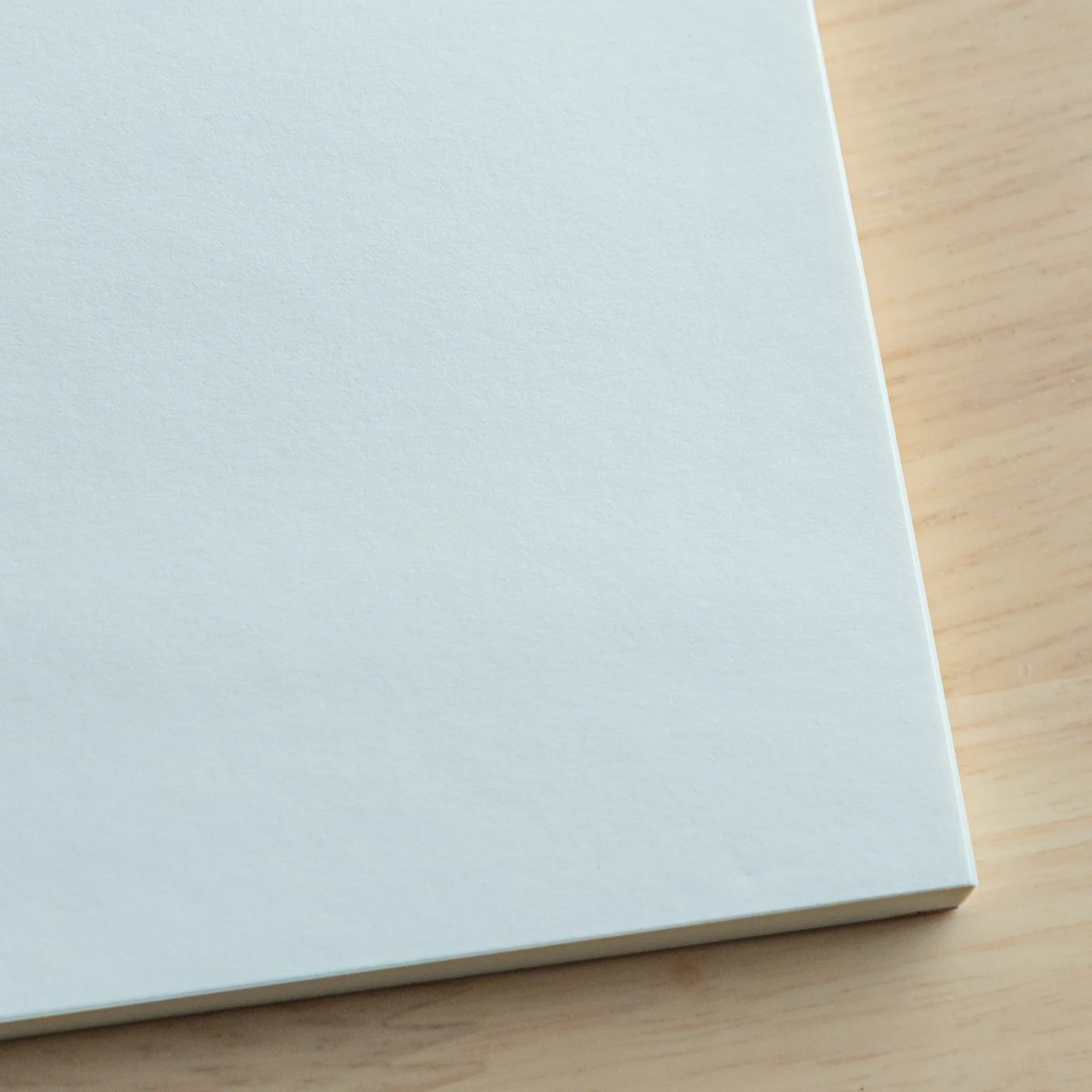 Horizontal spread showing pristine blank interior pages with visible page edges and wooden spine detail