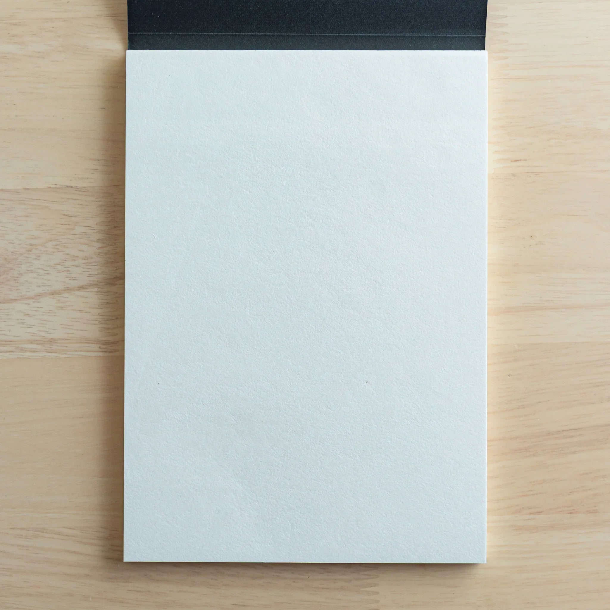 Wide open page spread revealing pale cream interior paper with upper fabric binding strap and smooth finish