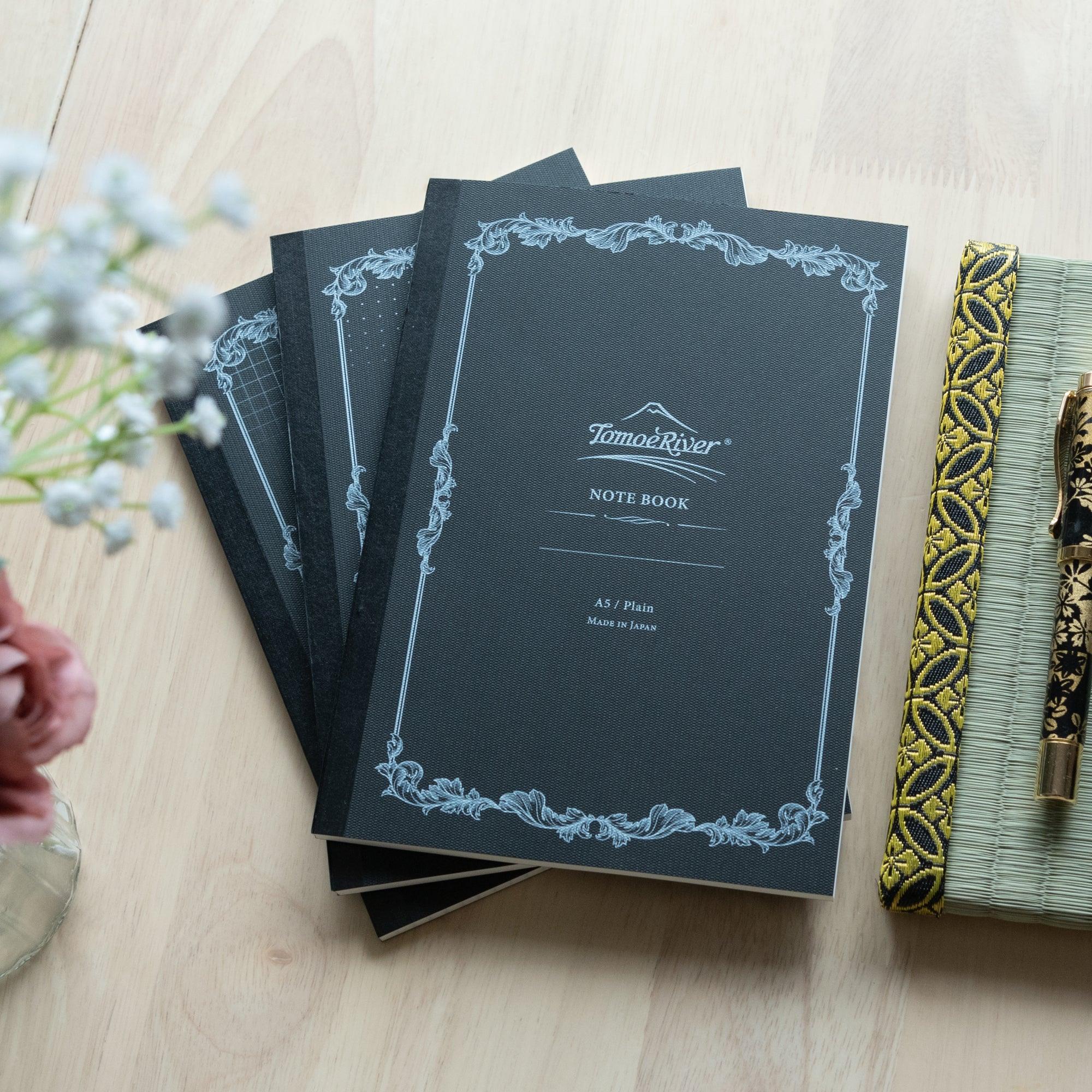 Sanzen Tomoe River soft cover A5 notebook with flexible protective binding, front view showing design detail