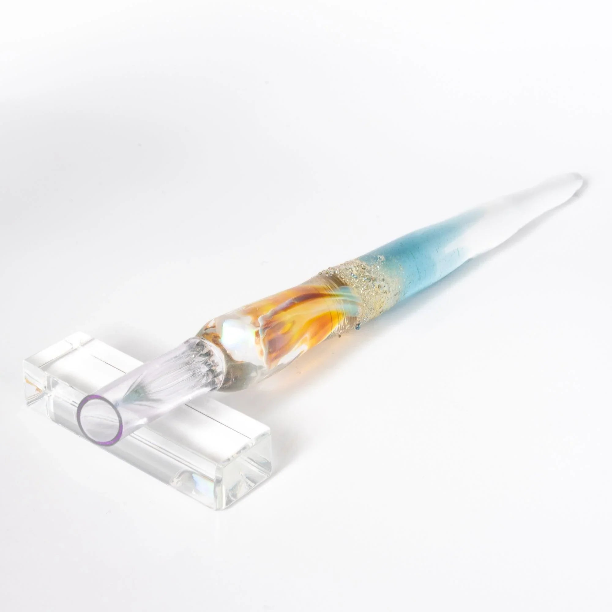 Japanese hand-made light blue glass dip pen with transparent barrel and fine detail hand-made nib with holder