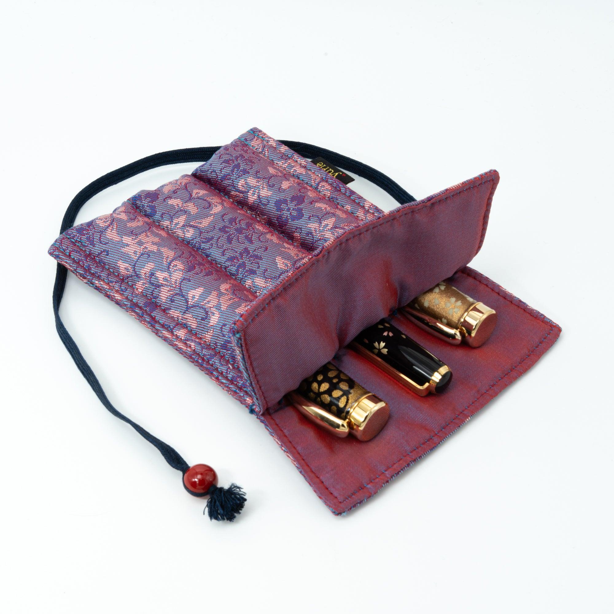 Twilight Blossom Nishijin Silk  Fountain Pen Case - Triple Slot - yurie, three-quarter angle of product