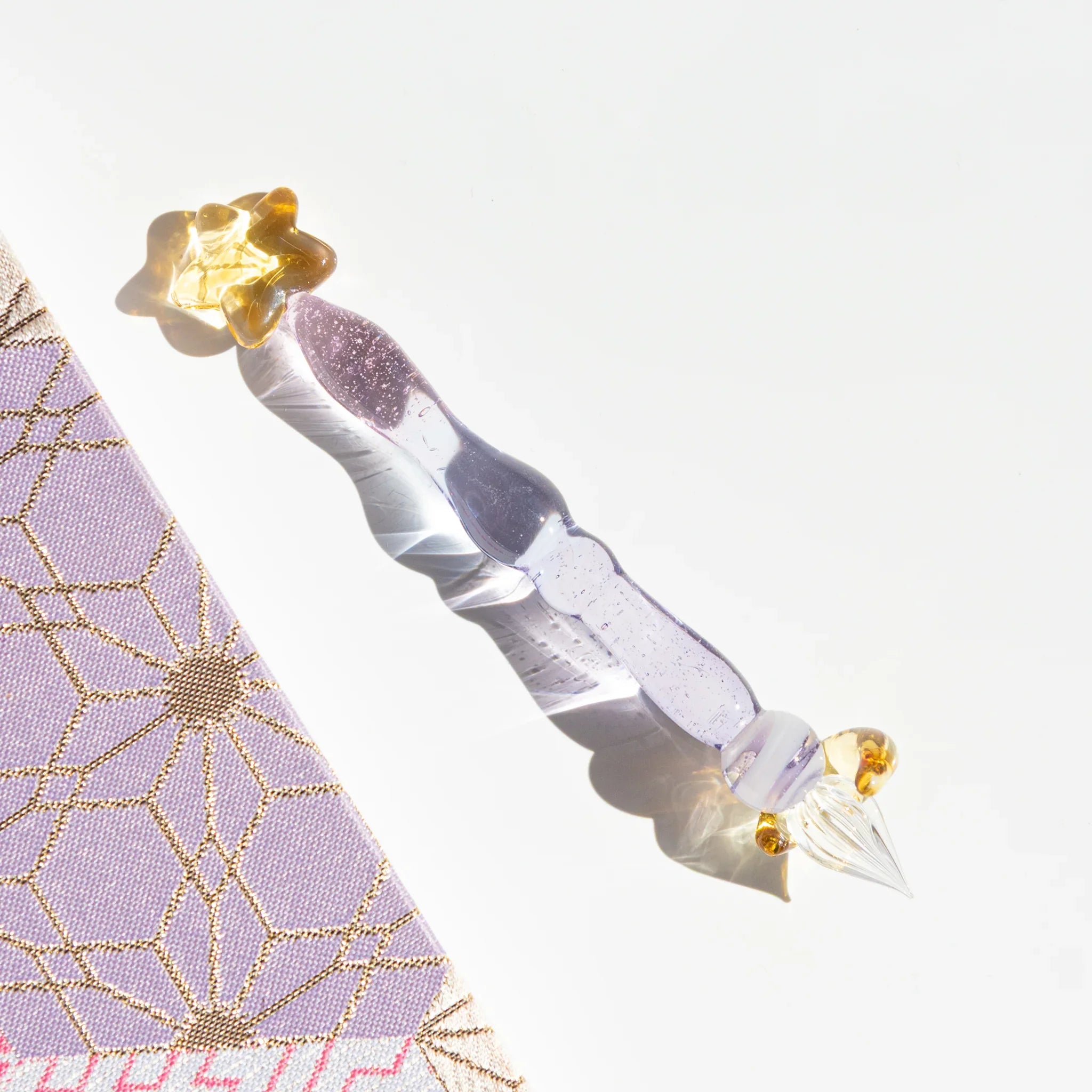 Purple twilight star glass dip pen with gold star ceramic pen rest, with glass pen holder