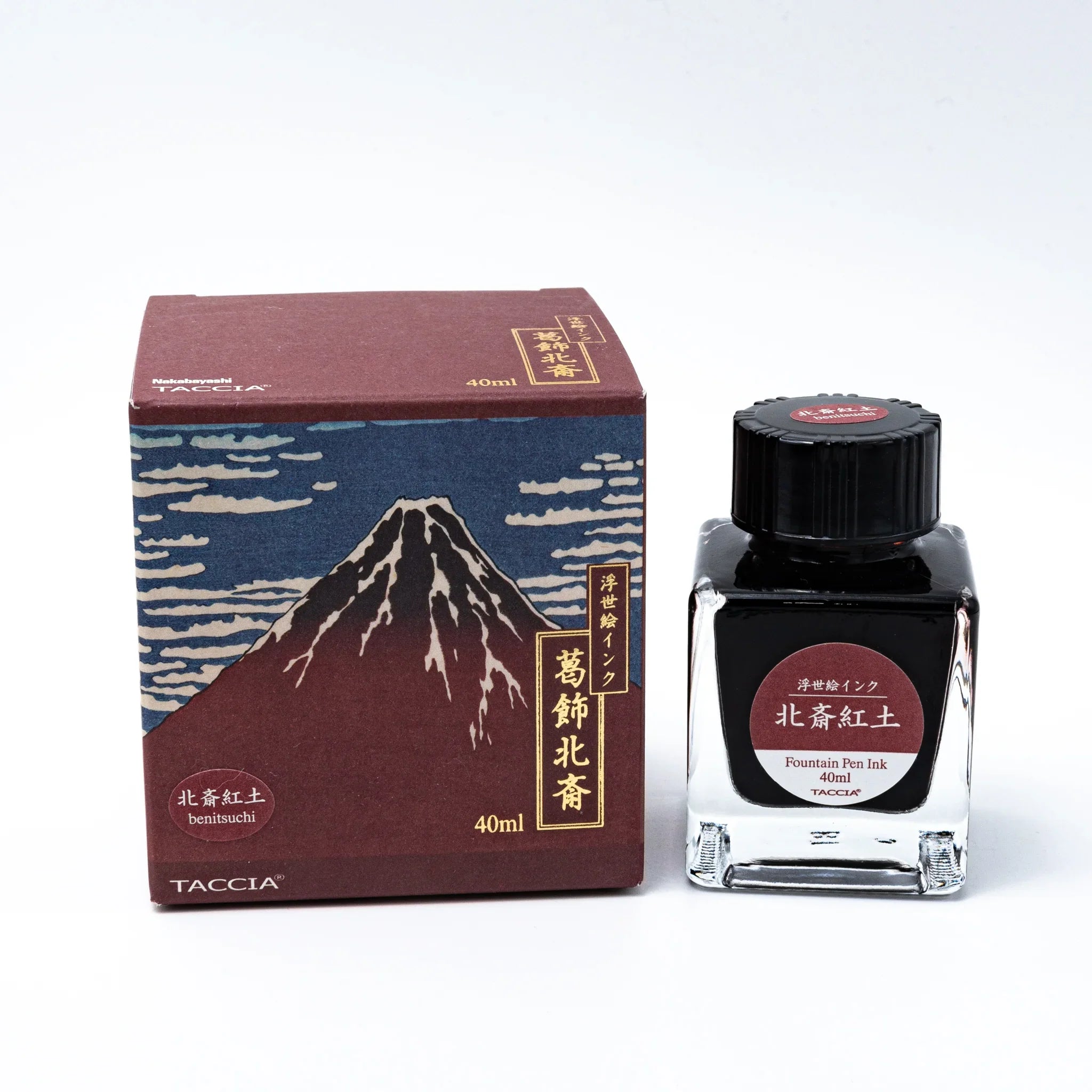 TACCIA fountain pen ink bottle with deep vermillion rust benitsuchi color from Hokusai series, bottle front view with