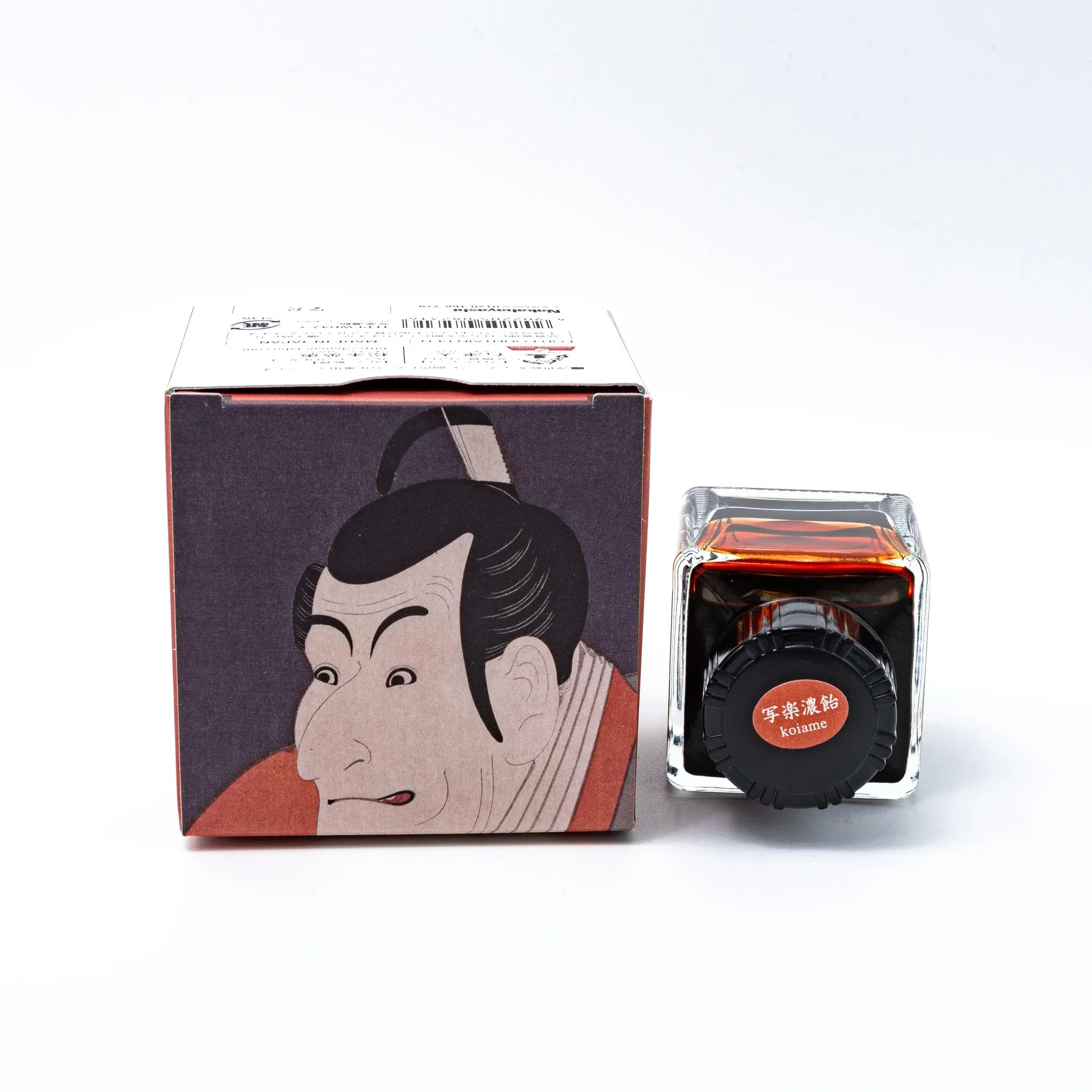 TACCIA Sharaku Koiame ink bottle showing dark blue-grey tone with actor portrait design on packaging on neutral surface
