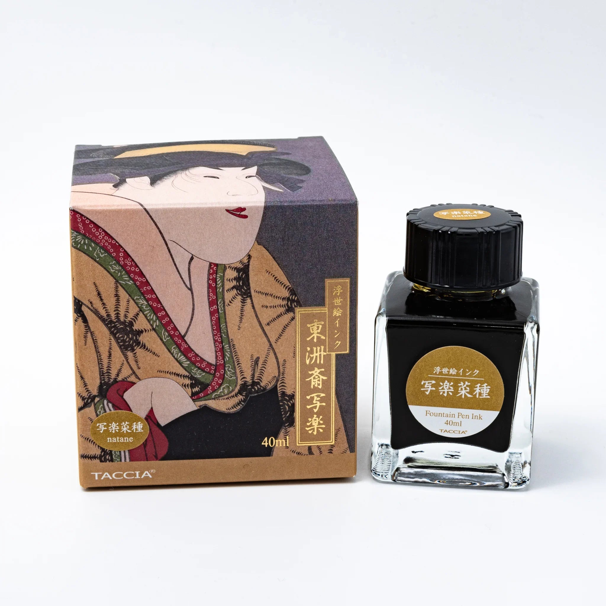 TACCIA Sharaku Natane golden yellow-green ink set with decorative box showing Japanese text and gold label detail