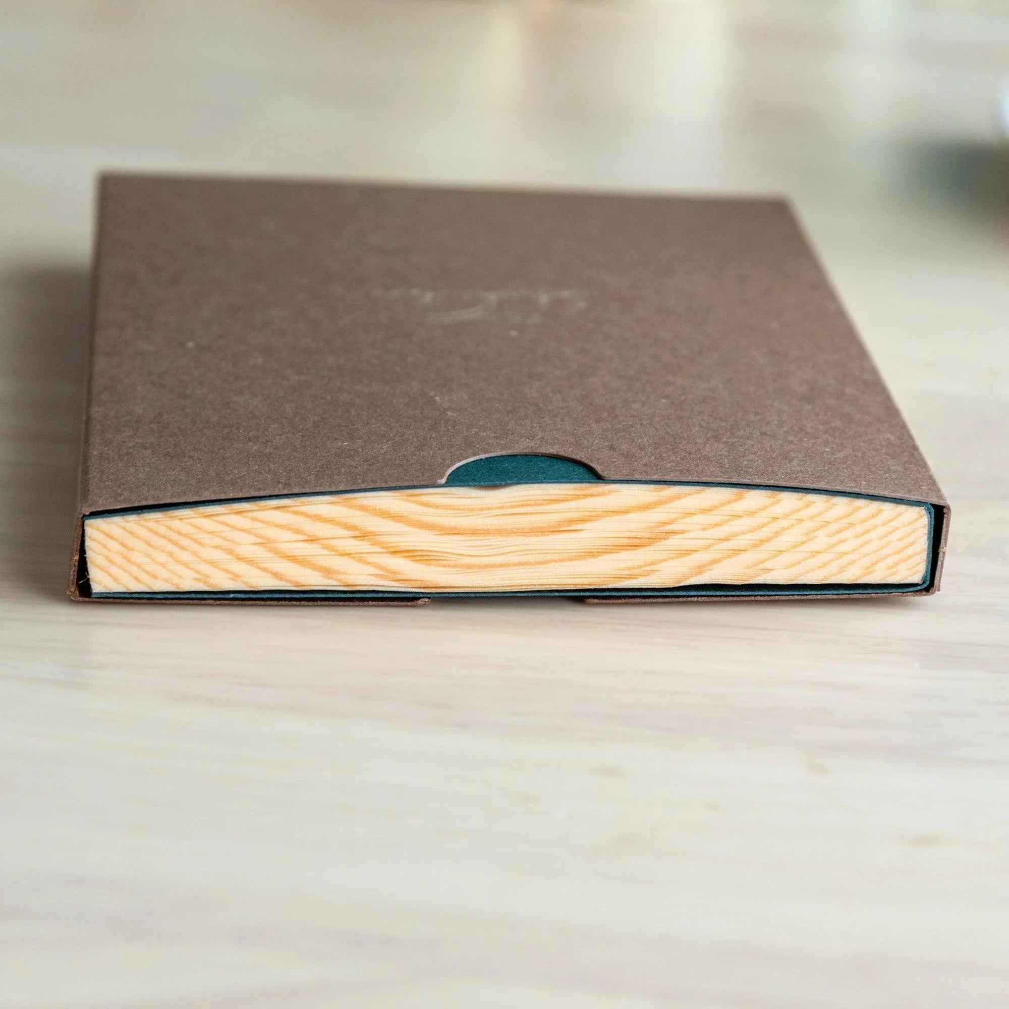 Red Pine wood-paged A6 journal, fully opened showing unique wooden page inserts and overall quality showing natural wood