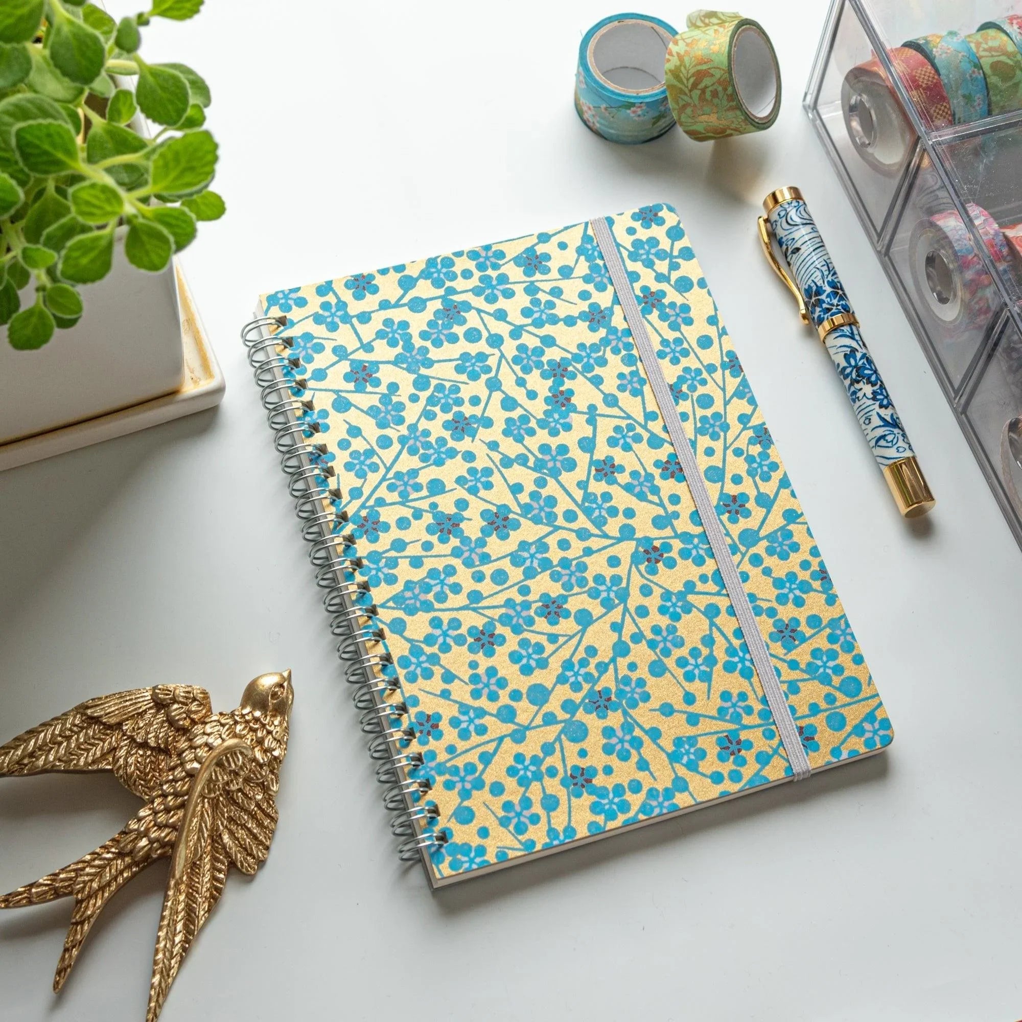 Blue hand-dyed Yuzen washi spiral notebook showing intricate hand-dyed floral pattern on cover for A5 size use
