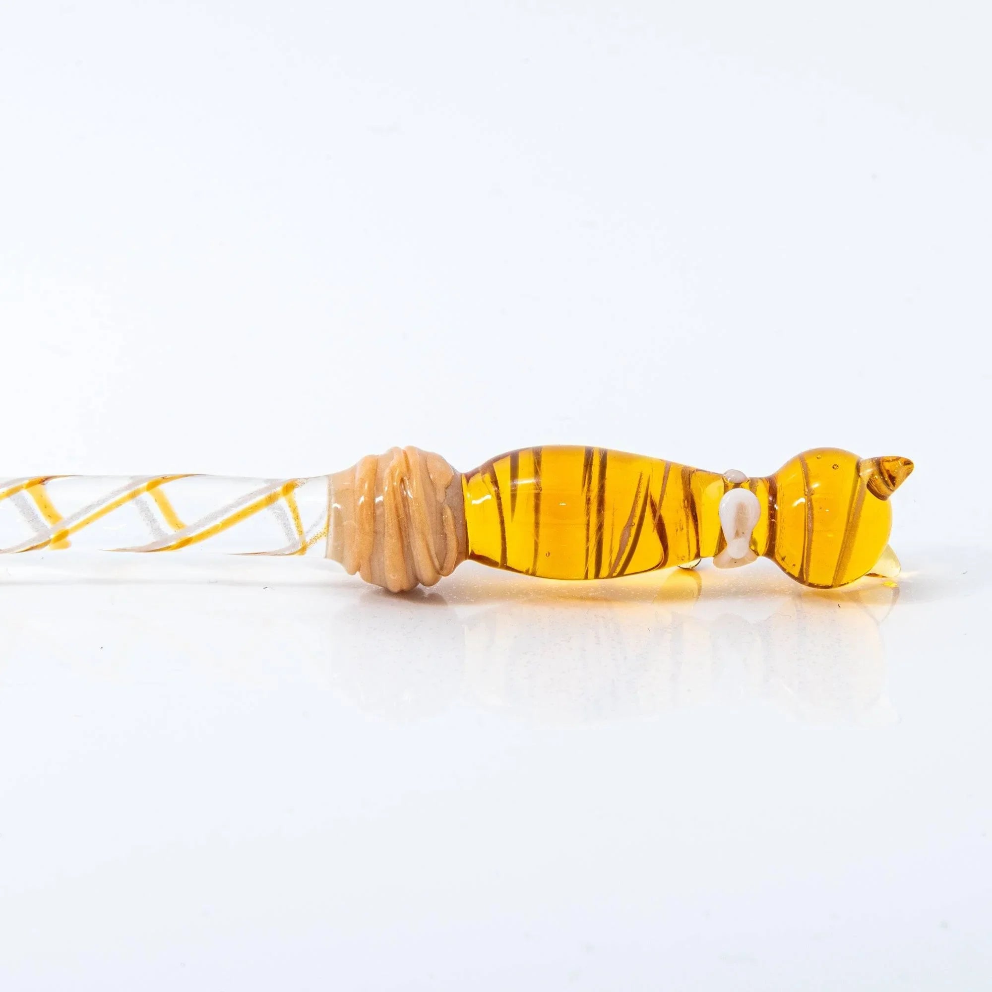 Brown tabby cat glass dip pen horizontal layout on white background showing full pen composition with handle detail and